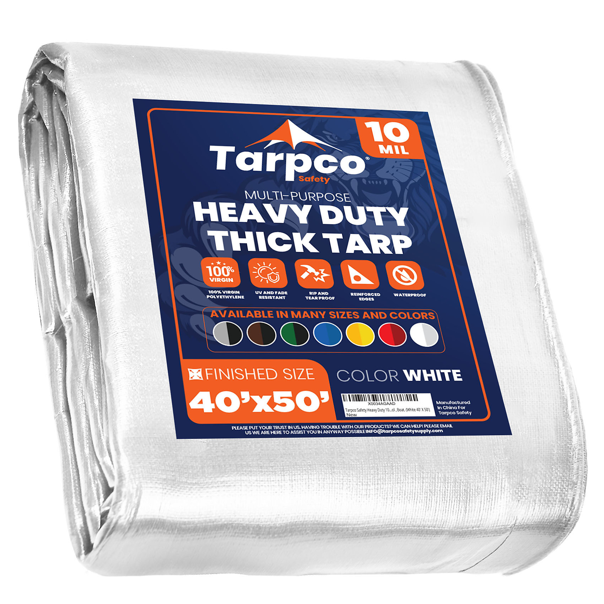 Tarpco Safety Heavy-Duty Tarp Cover — 40ft. x 50ft., 10 Mil, Waterproof, UV-Resistant, Rip and Tear Proof, Reinforced Edges, White, Model# TS-154-40X50
