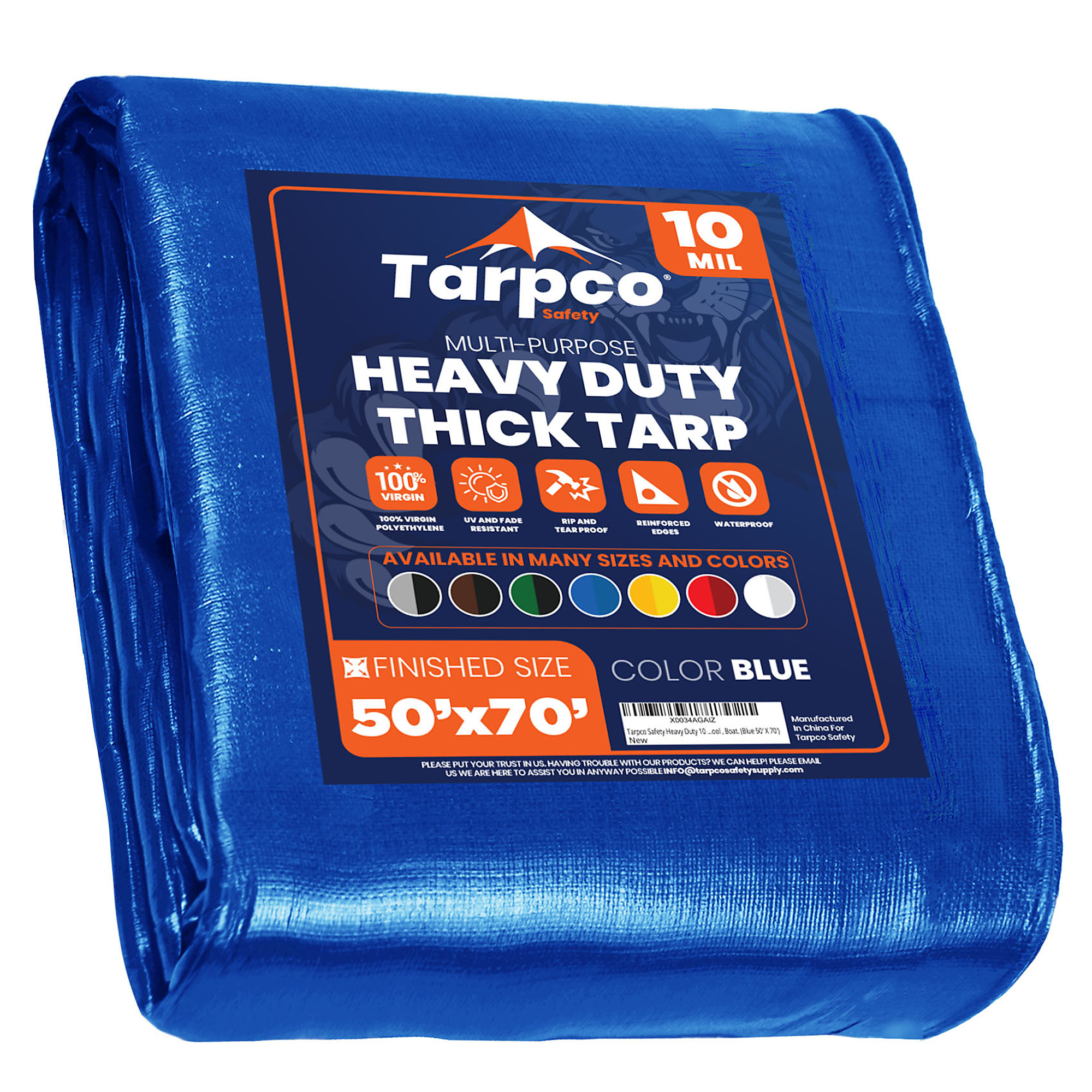 Tarpco Safety Heavy Duty 10 Mil Tarp Cover, Waterproof, UV Resistant, Rip and Tear Proof, Poly Tarpaulin with Reinforced Edges for Camping, Roof, Patio, Pool , Boat. (Blue 50' X 70')