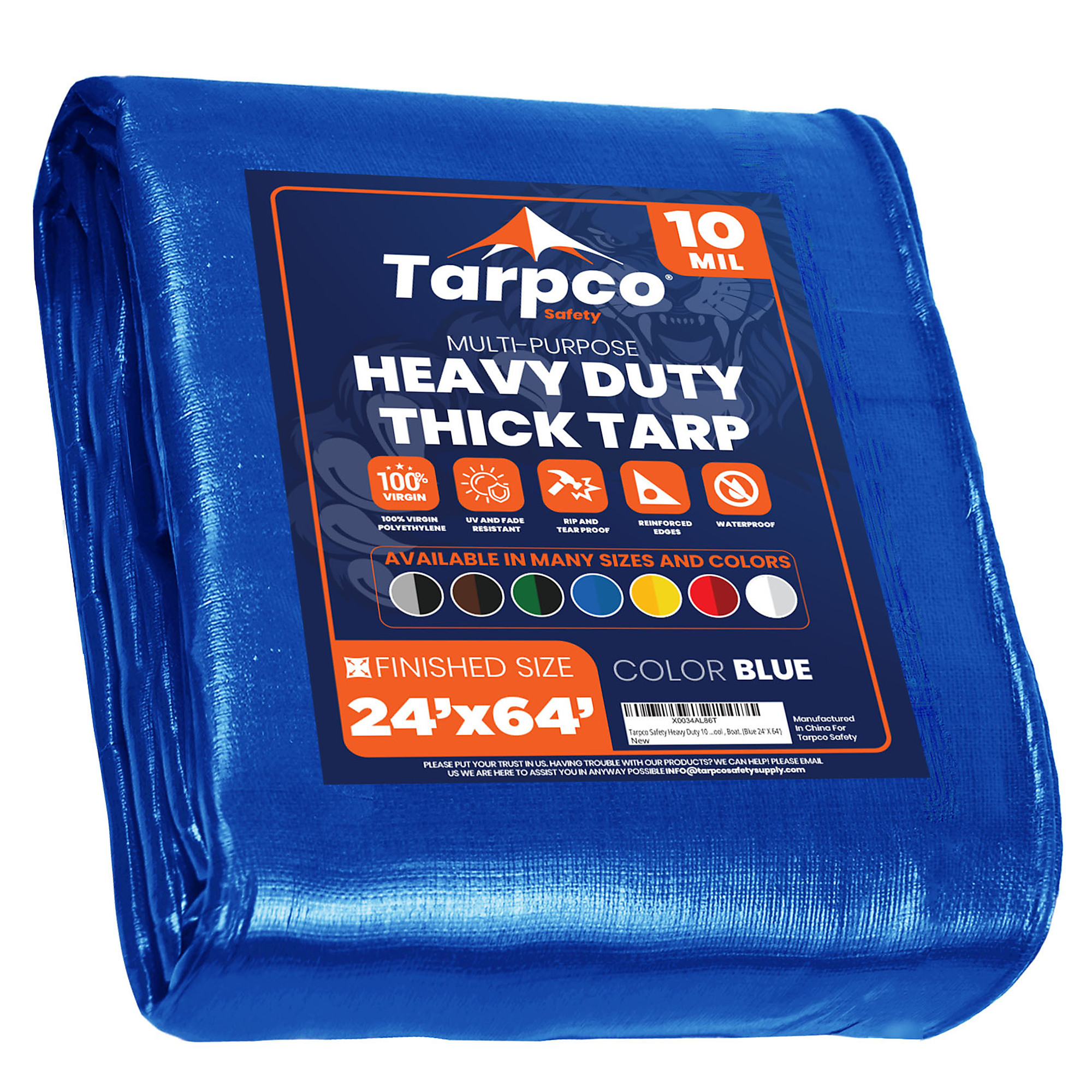 Tarpco Safety Heavy-Duty Tarp Cover — 24ft. x 64ft., 10 Mil, Waterproof, UV Resistant, Rip and Tear Proof, Reinforced Edges, Blue, Model# TS-155-24X64