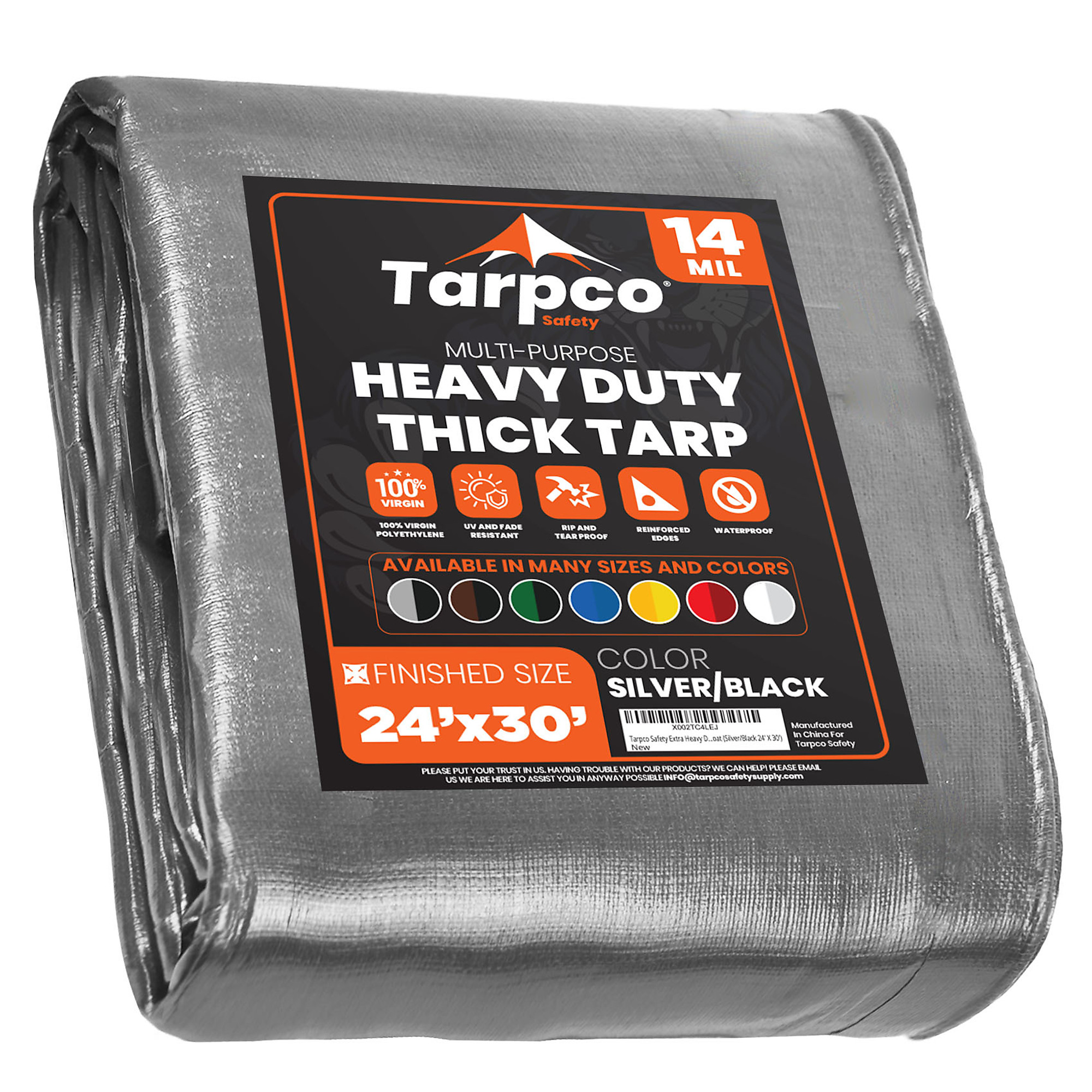 Tarpco Safety Extra Heavy Duty 14 Mil Tarp Cover, Waterproof, UV Resistant, Rip and Tear Proof, Poly Tarpaulin with Reinforced Edges for Roof, Camping, Patio, Pool , Boat (Silver/Black 24' X 30')