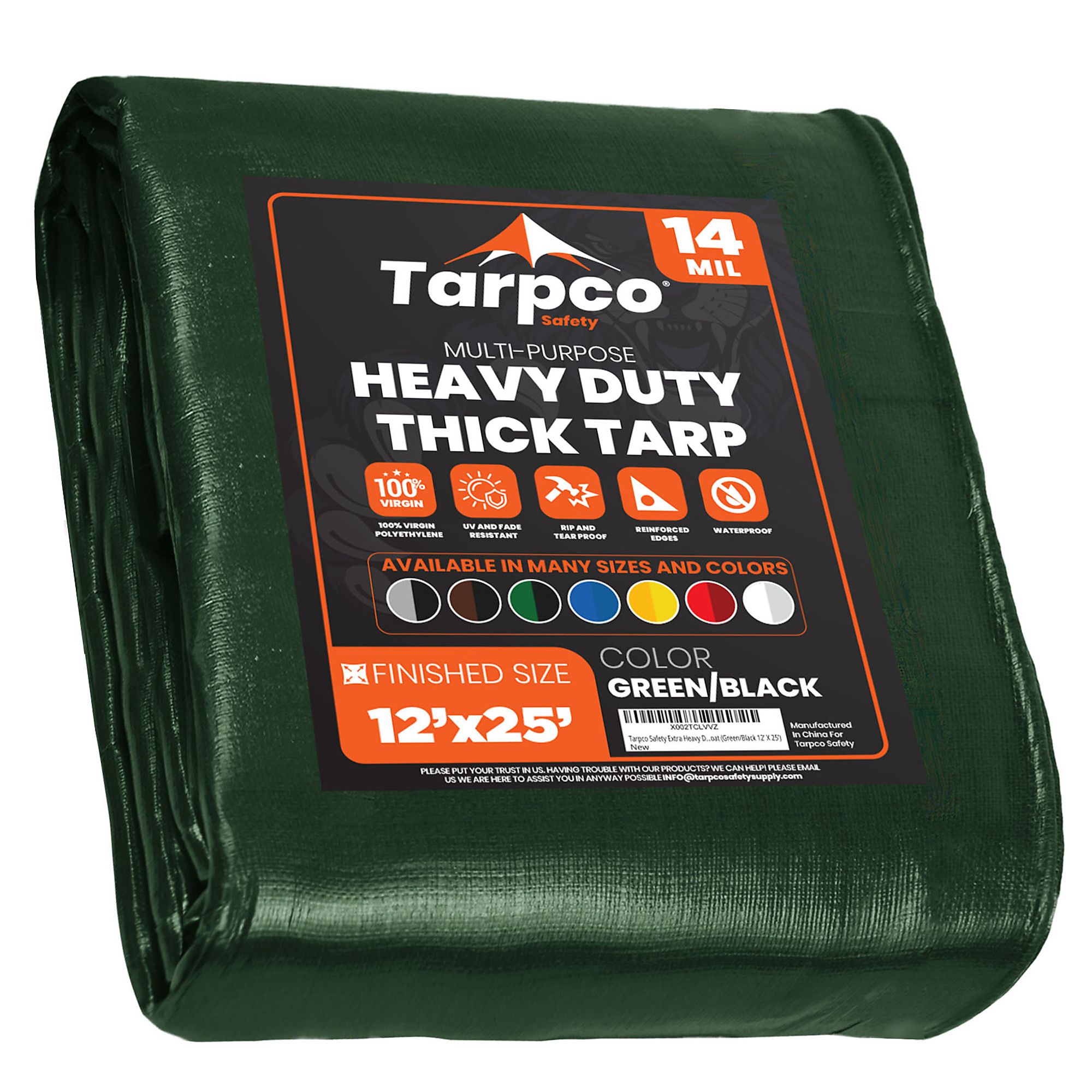 Tarpco Safety Extra Heavy Duty 14 Mil Tarp Cover, Waterproof, UV Resistant, Rip and Tear Proof, Poly Tarpaulin with Reinforced Edges for Roof, Camping, Patio, Pool , Boat (Green/Black 12' X 25')