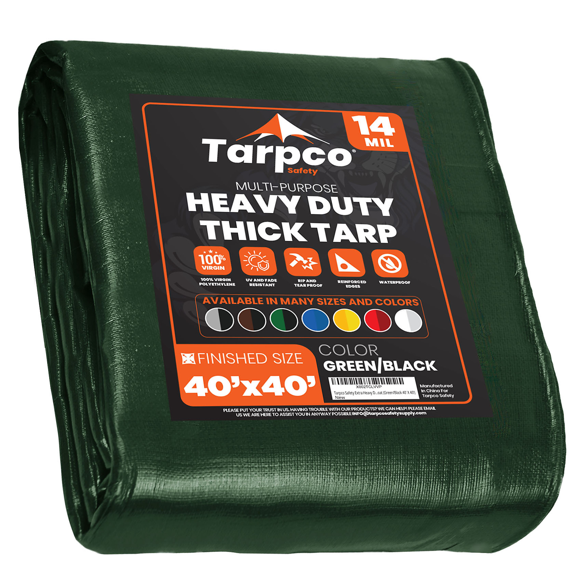 Tarpco Safety Extra Heavy Duty 14 Mil Tarp Cover, Waterproof, UV Resistant, Rip and Tear Proof, Poly Tarpaulin with Reinforced Edges for Roof, Camping, Patio, Pool , Boat (Green/Black 40' X 40')