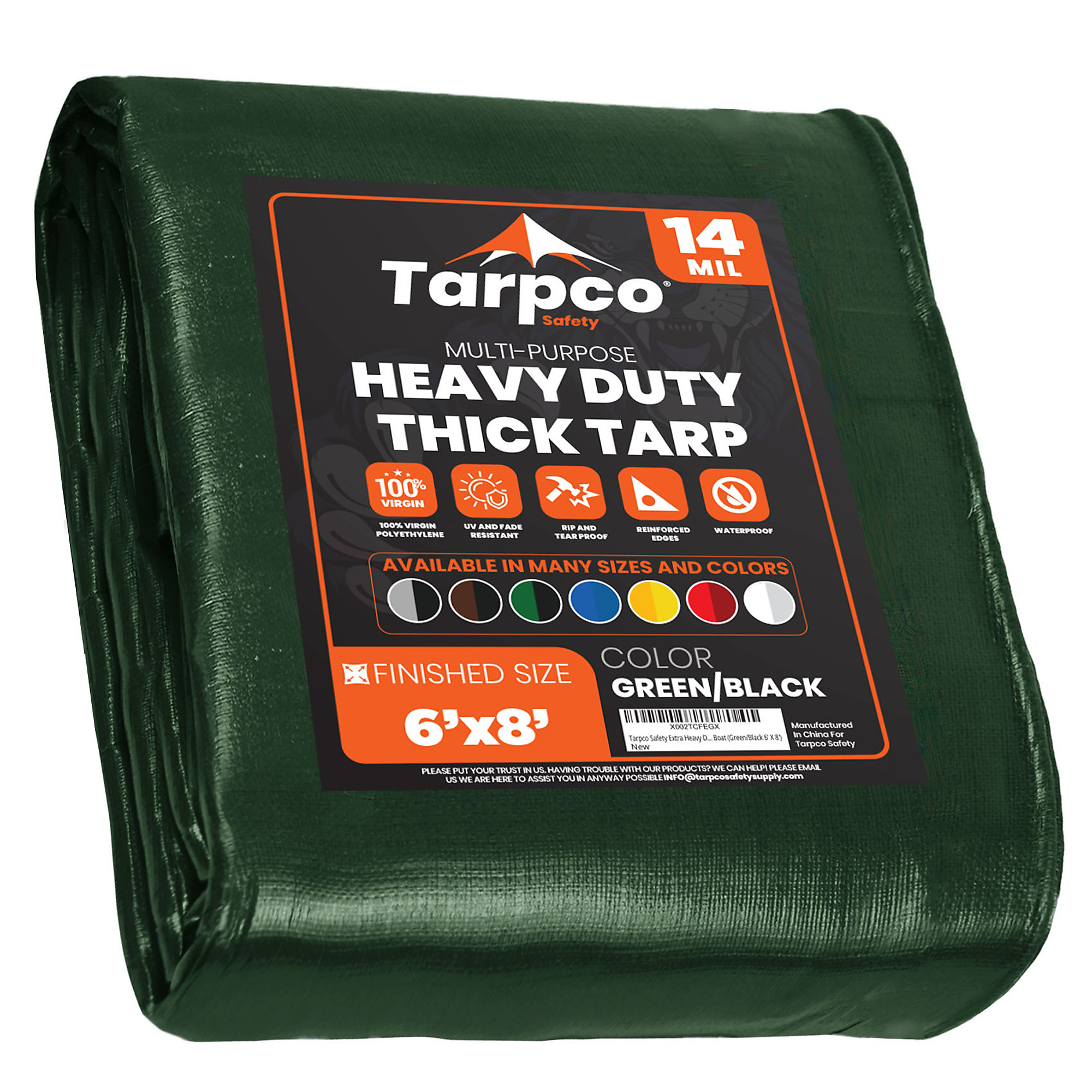 Tarpco Safety Extra Heavy Duty 14 Mil Tarp Cover, Waterproof, UV Resistant, Rip and Tear Proof, Poly Tarpaulin with Reinforced Edges for Roof, Camping, Patio, Pool , Boat (Green/Black 6' X 8')
