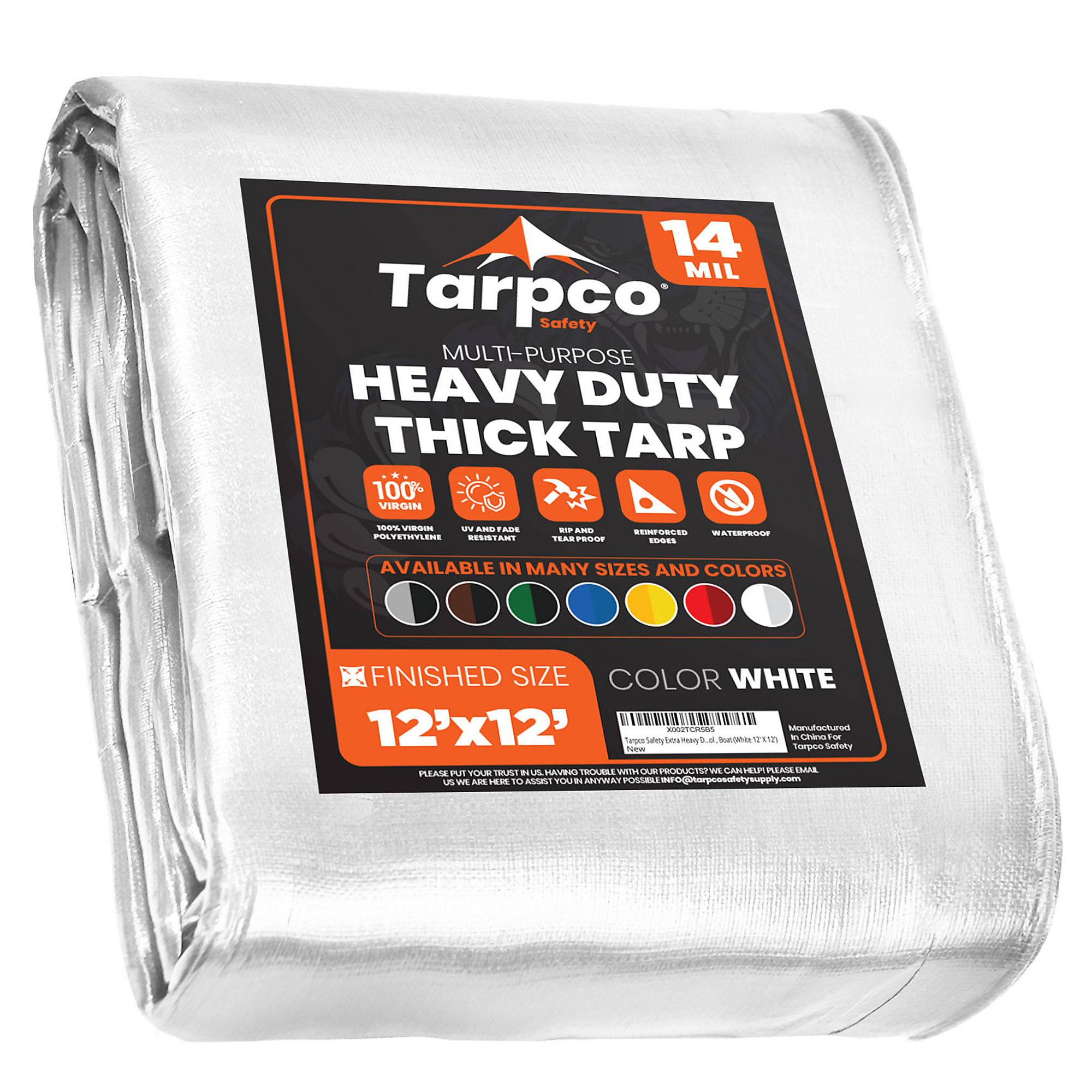 Tarpco Safety Extra Heavy Duty 14 Mil Tarp Cover, Waterproof, UV Resistant, Rip and Tear Proof, Poly Tarpaulin with Reinforced Edges for Roof, Camping, Patio, Pool , Boat (White 12' X 12')