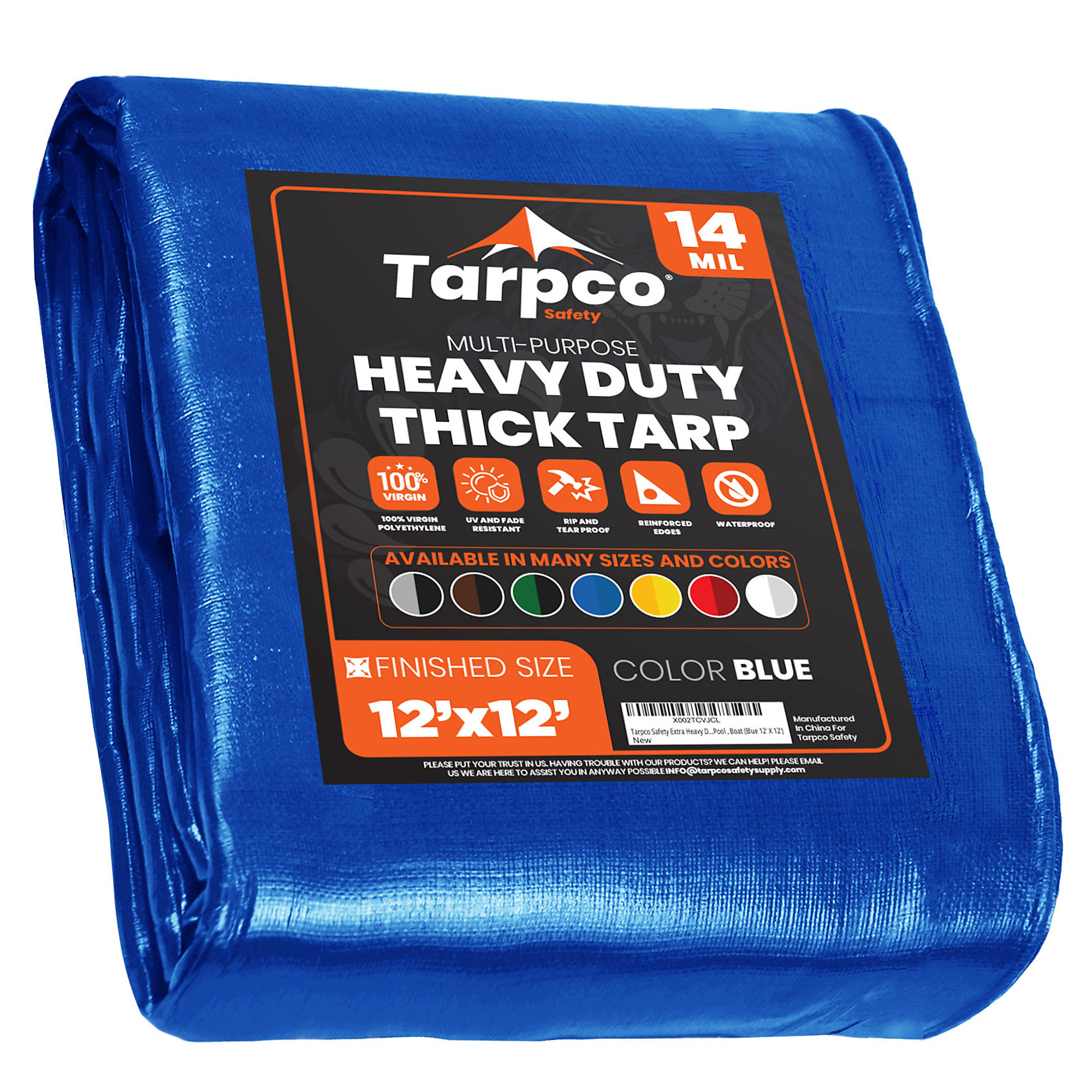 Tarpco Safety Extra Heavy Duty 14 Mil Tarp Cover, Waterproof, UV Resistant, Rip and Tear Proof, Poly Tarpaulin with Reinforced Edges for Roof, Camping, Patio, Pool , Boat (Blue 12' X 12')
