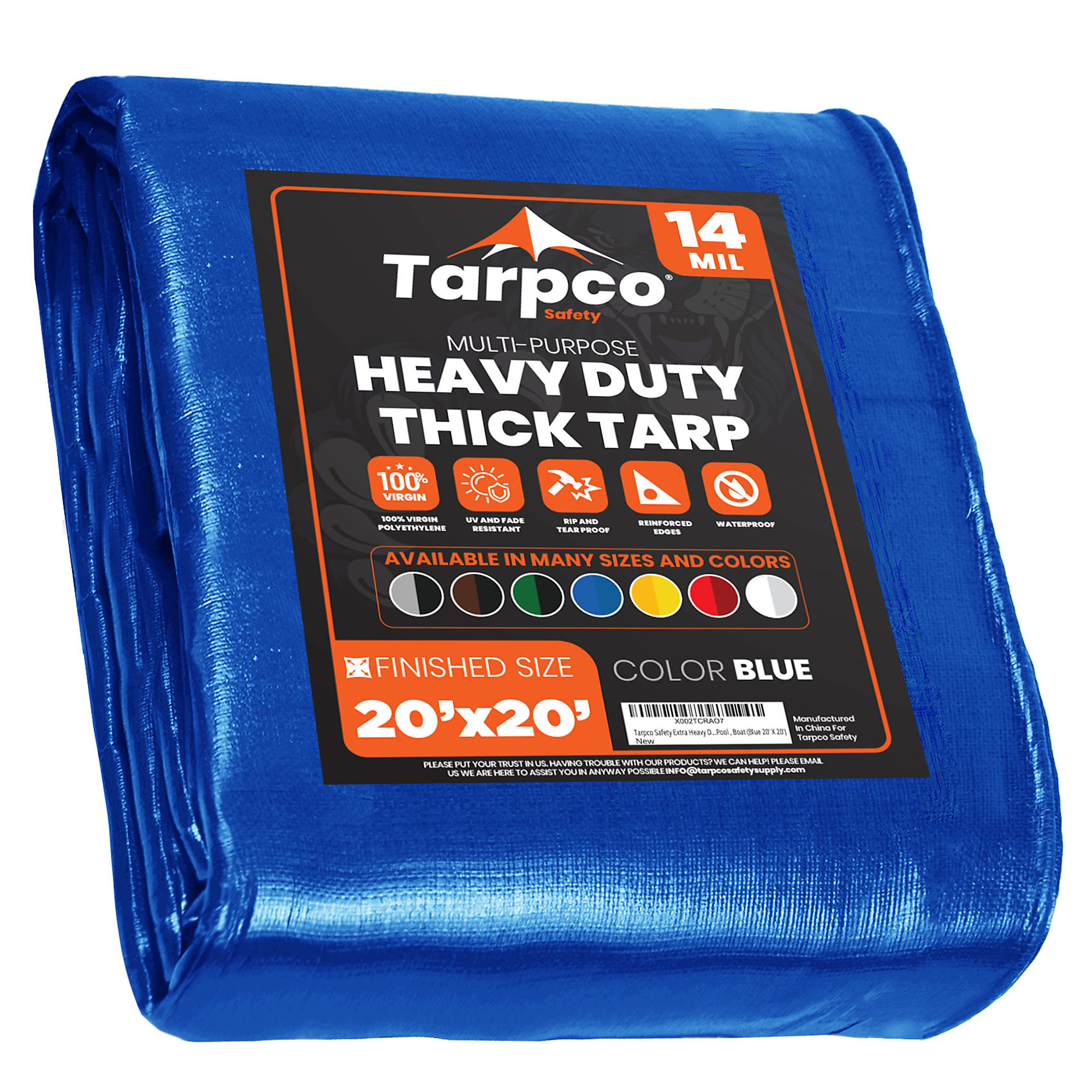 Tarpco Safety Extra Heavy Duty Tarp Cover — 20ft. x 20ft., 14 Mil, Waterproof, UV Resistant, Rip and Tear Proof, Reinforced Edges, Blue, Model# TS-105-20X20