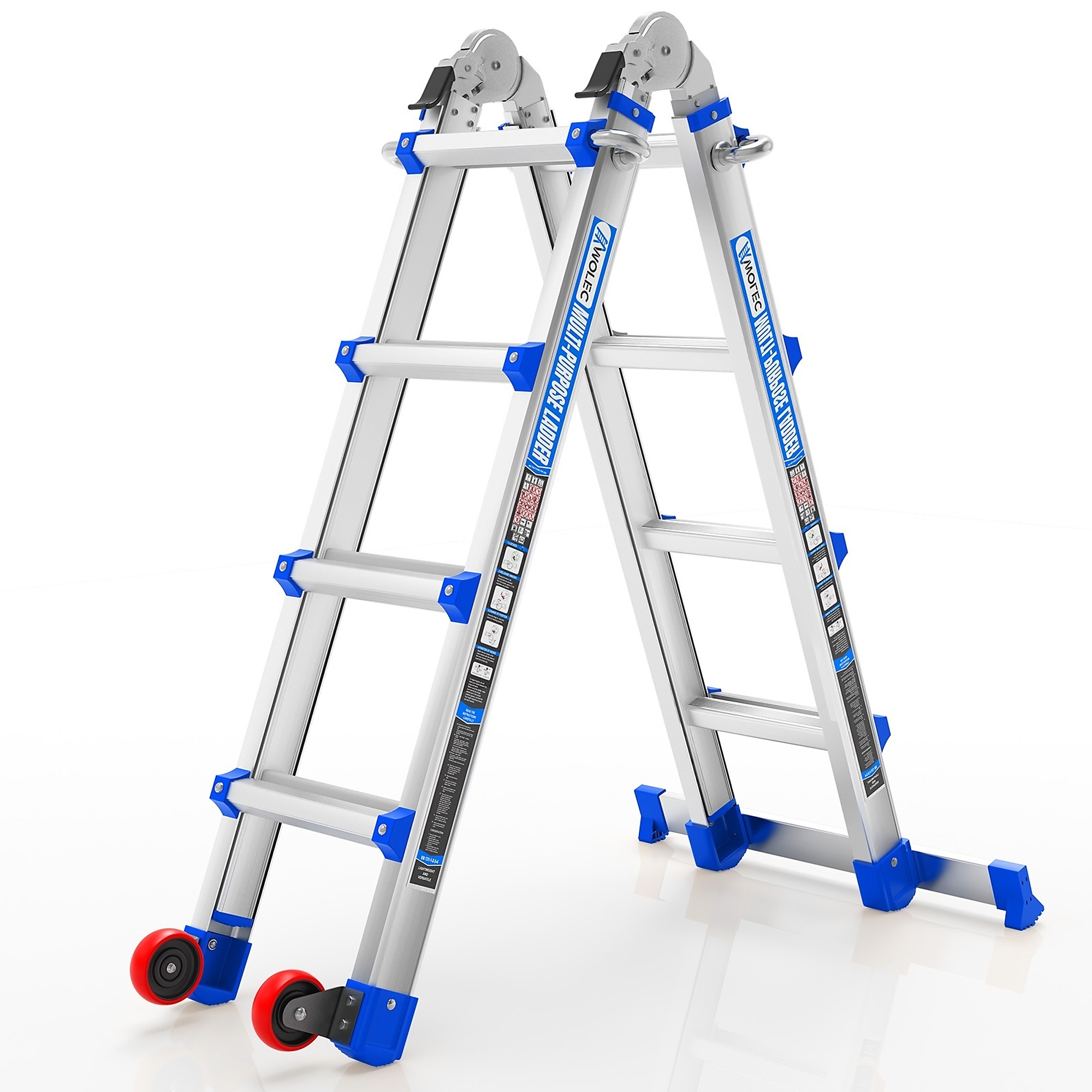 14 ft Reach Aluminum Multi-Position Ladder with Wheels & Stabilizer Bar, 330 lbs. Load Capacity Type IA Duty Rating Blue