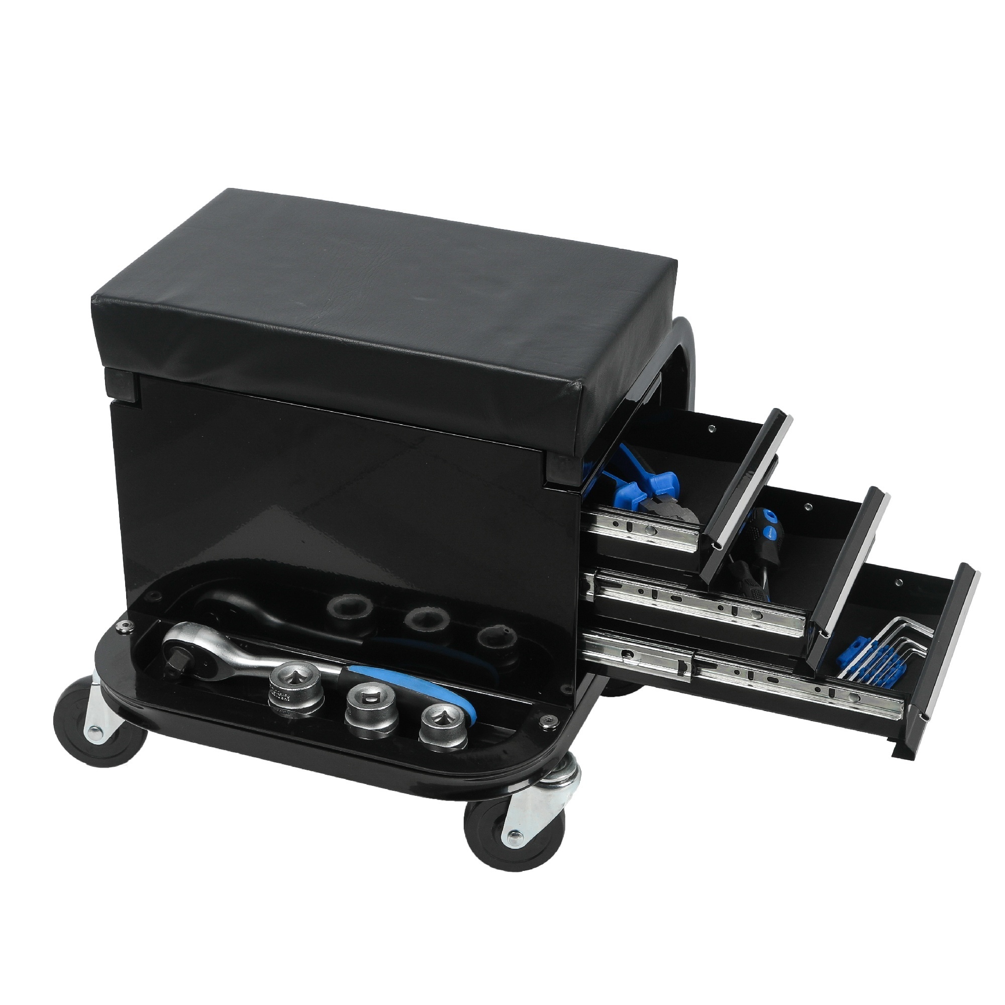 Rolling Creeper Garage Seat with Three Built-in Drawers, Rolling Tool Chest