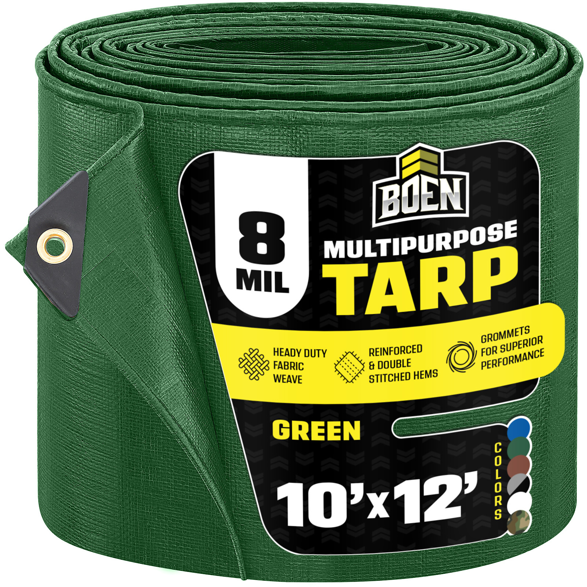 Boen 10 ft x 12 ft Green Tarp, 8 Mil Thick Multi-Purpose Large Waterproof Cover, Rip Proof Tarps, Thick Weave Material, UV Resistant Great for Tarpaulin Canopy Tent, Boat, RV or Pool Cover