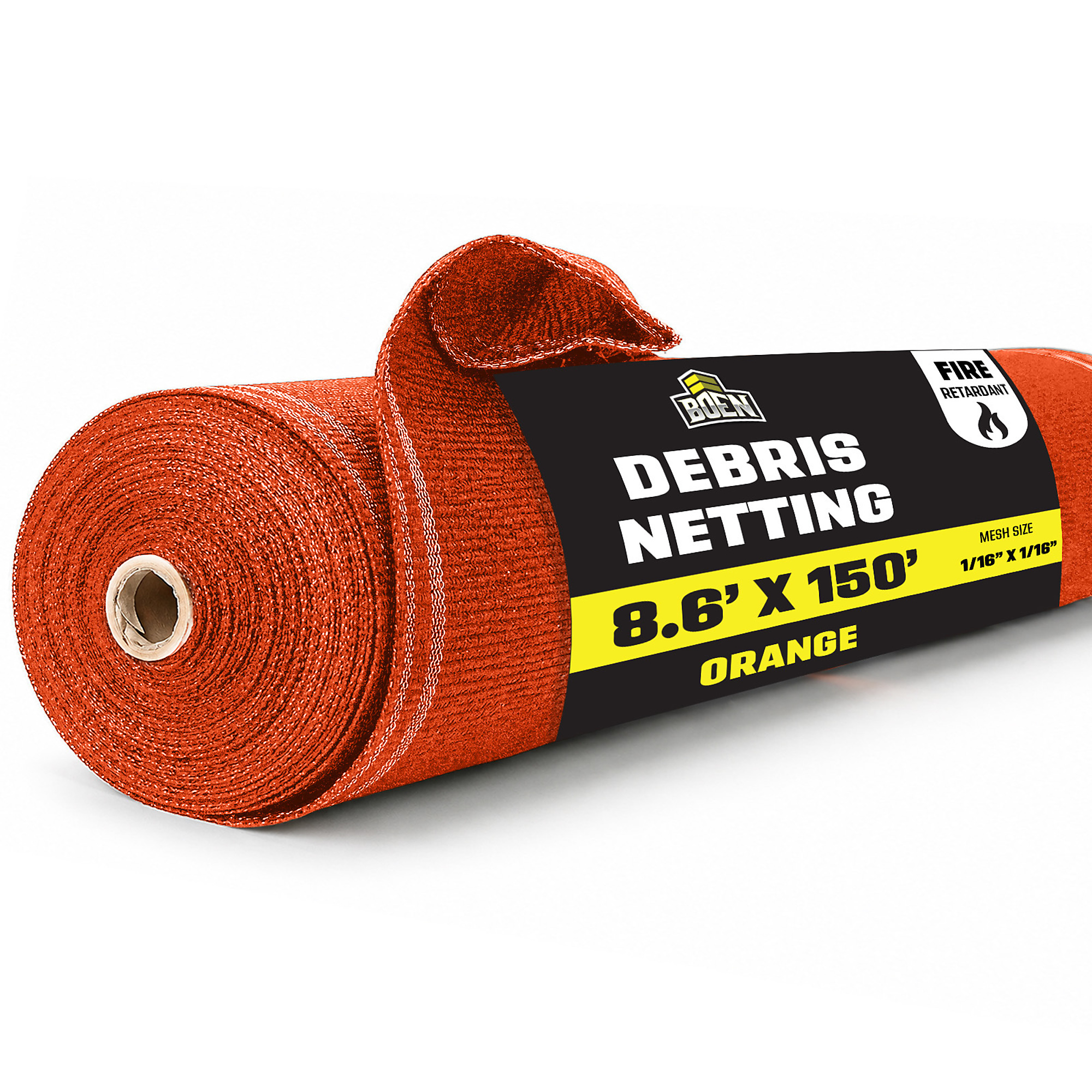 Boen Orange Safety Debris Netting, 8.6 ft x 150 ft, 1/16" Mesh, Fire Retardant, UV Treated for Scaffolding, Dust Control, Construction Barrier Fencing, Wind Block, and Site Protection