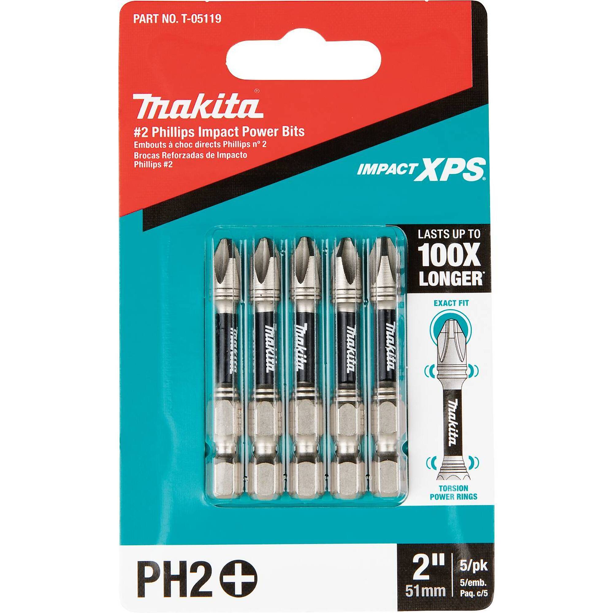 Makita® Impact XPS® #2 Phillips, 2" Power Bit, 5/Pk, Model# T-05119