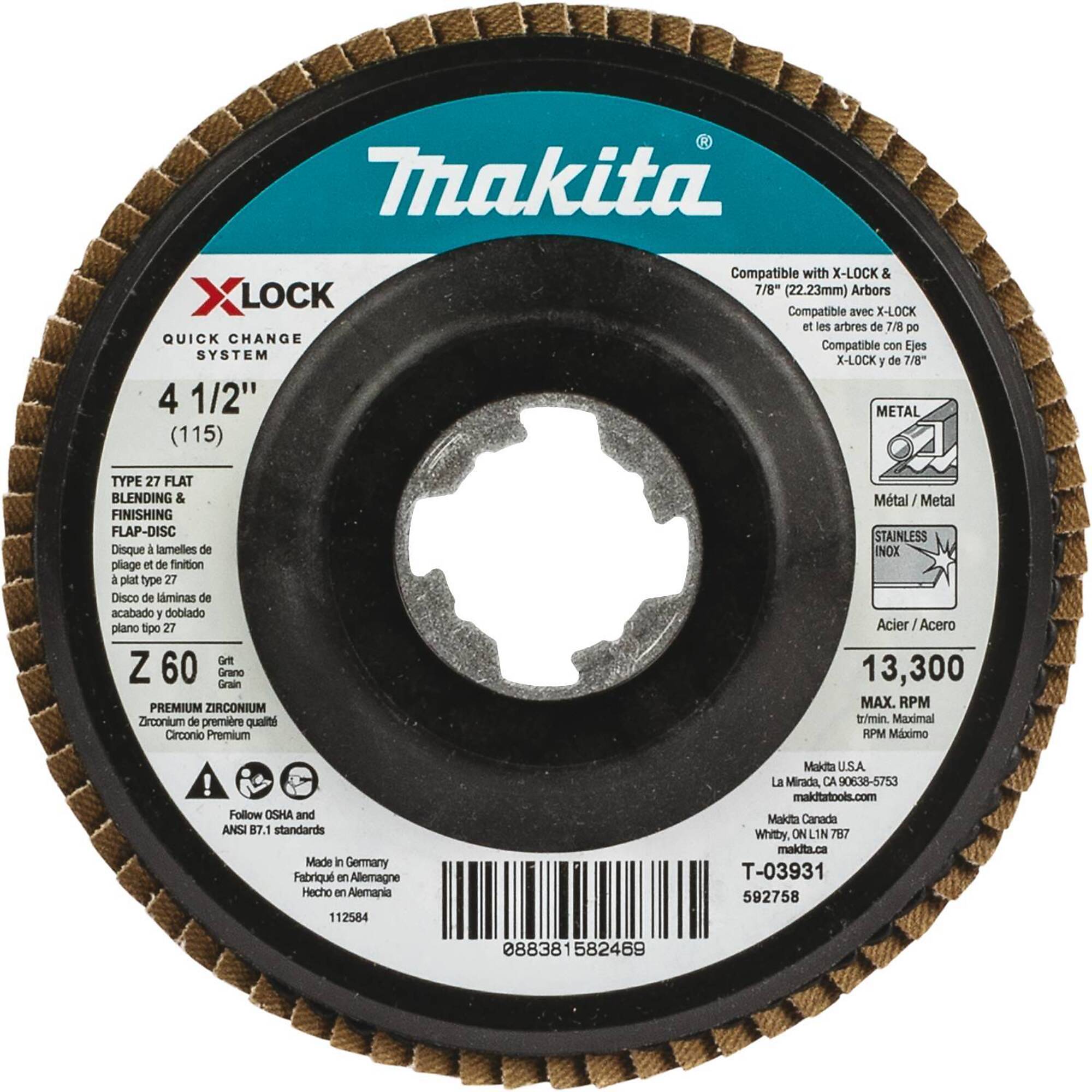 Makita® X-Lock 4-1/2" Type 27 Flap Disc, 60 Grit, Model# T-03931
