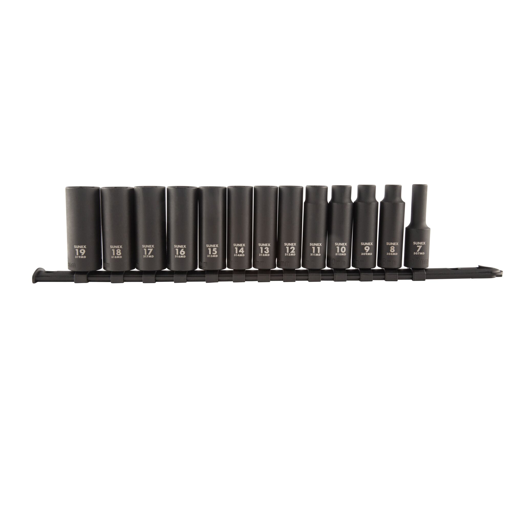 SUNEX TOOLS, Model #3359A, 3/8" Dr. Metric Deep Impact Socket Set on rail