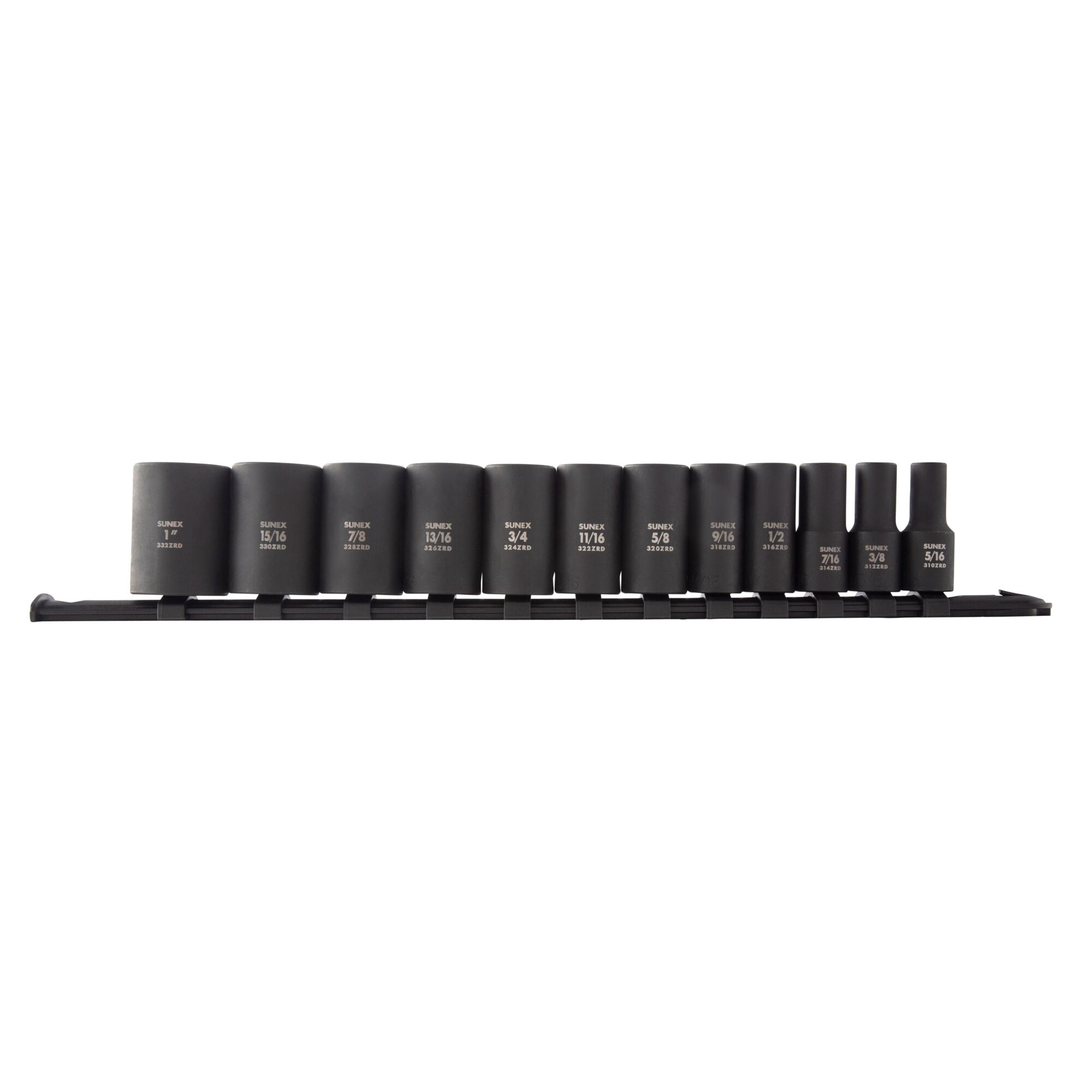 SUNEX TOOLS, Model #3337A, 3/8" Dr. 12pt SAE Semi-Deep Impact Socket Set on rail