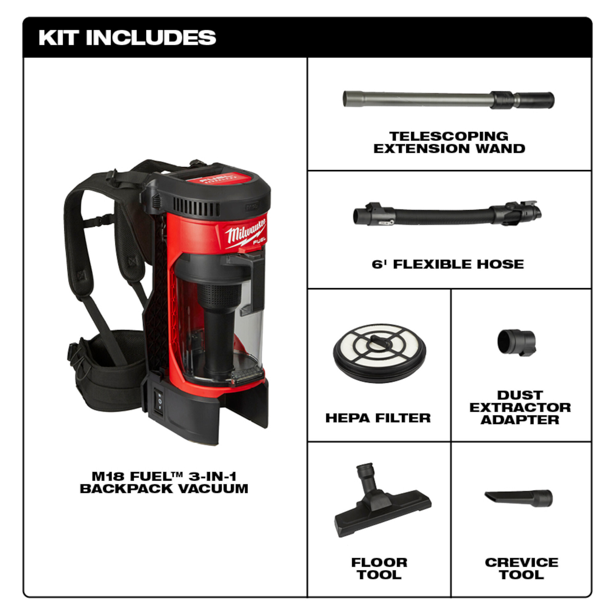 Milwaukee M18 FUEL 3-in-1 Backpack Vacuum – Tool Only, Model# 0885-20