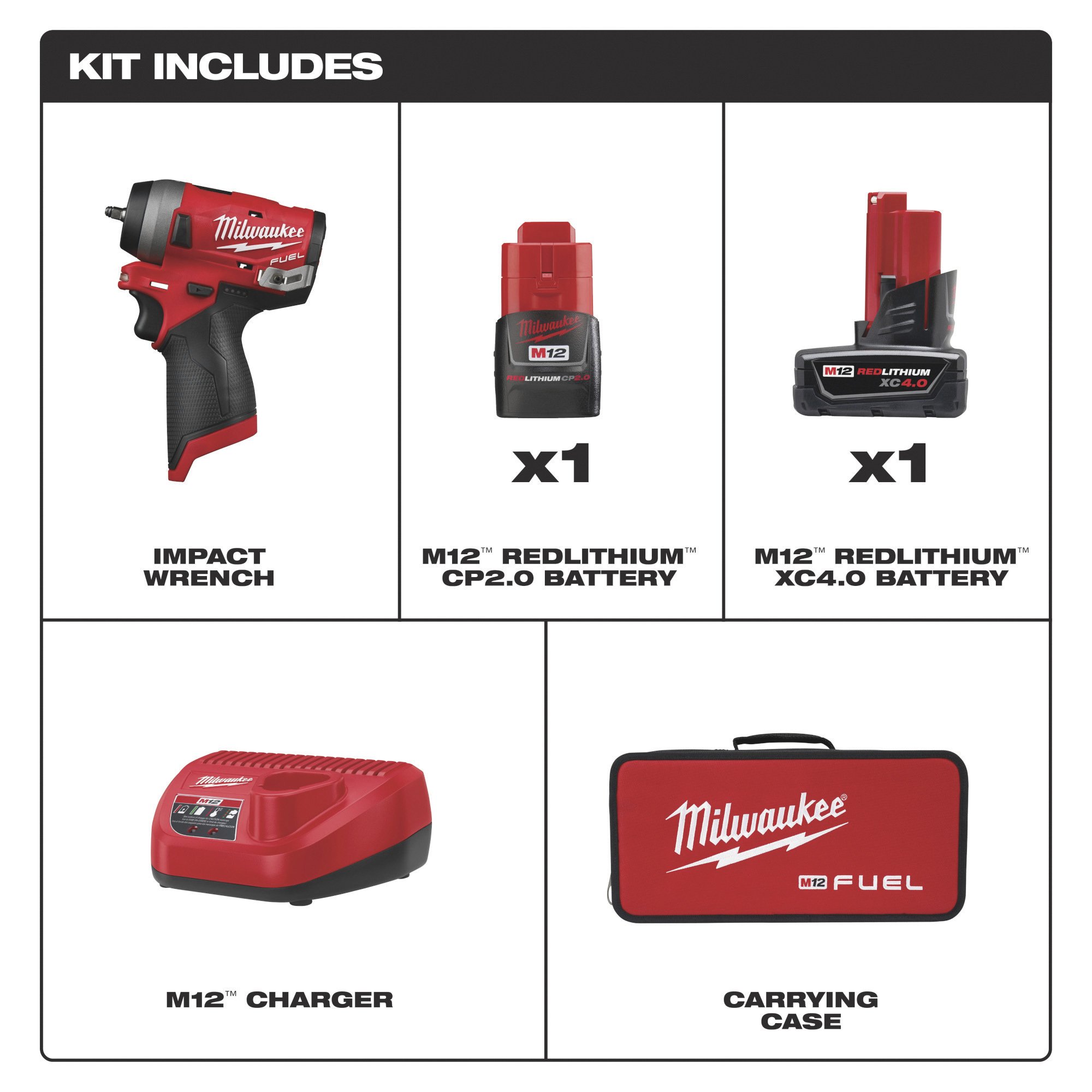 Milwaukee 2552-22 M12 FUEL Brushless Lithium-Ion in. Cordless Stubby Impact Wrench Kit with (1) Ah and (1) Ah Batteries - 4