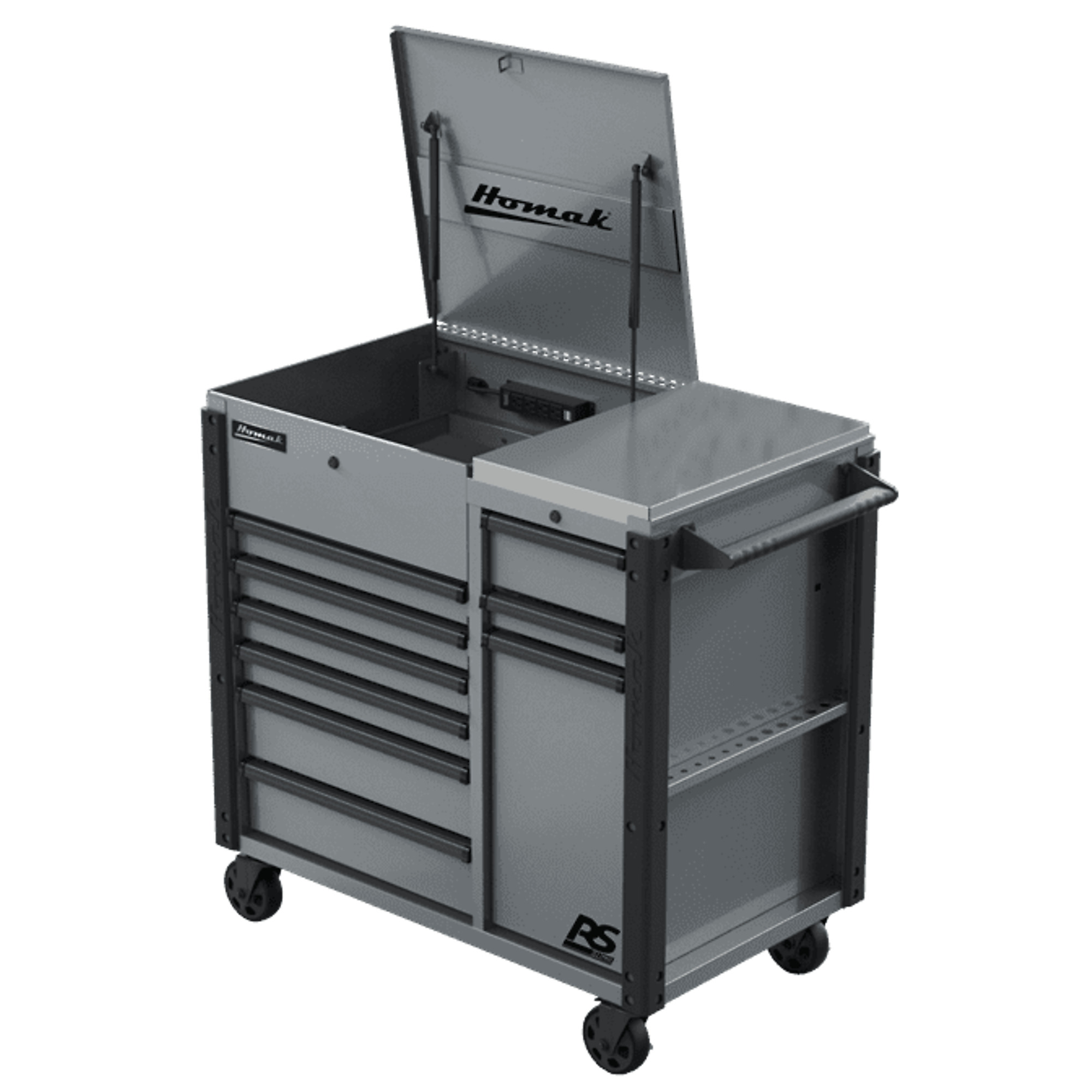 Homak, RS Pro, 44" 9 Drawer Power Service Cart, Gray, Heavy-duty 18-gauge steel, Model #GR06044090