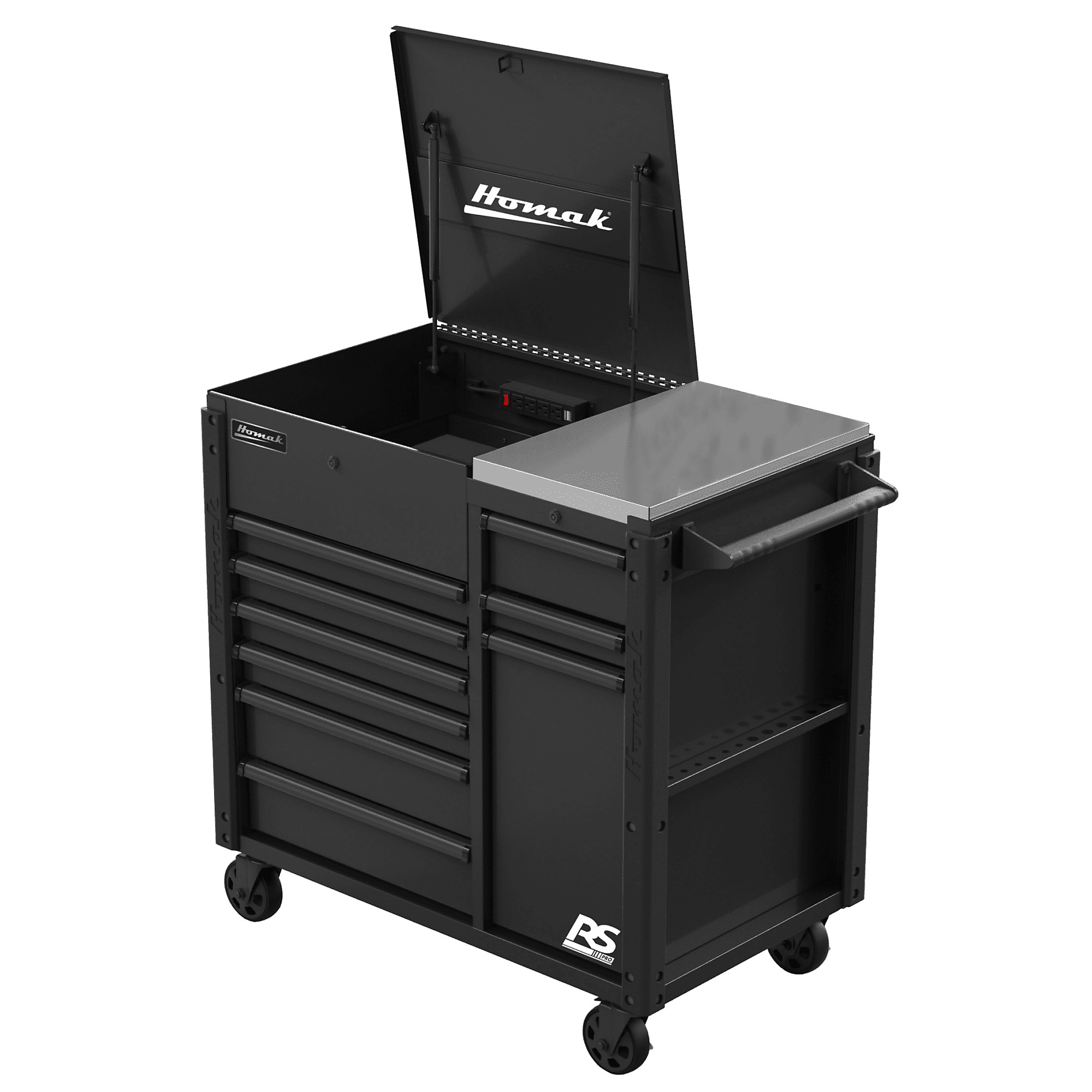 Homak, RS Pro, 44" 9 Drawer Power Service Cart, Black, Heavy-duty 18-gauge steel, Model #BK06044090