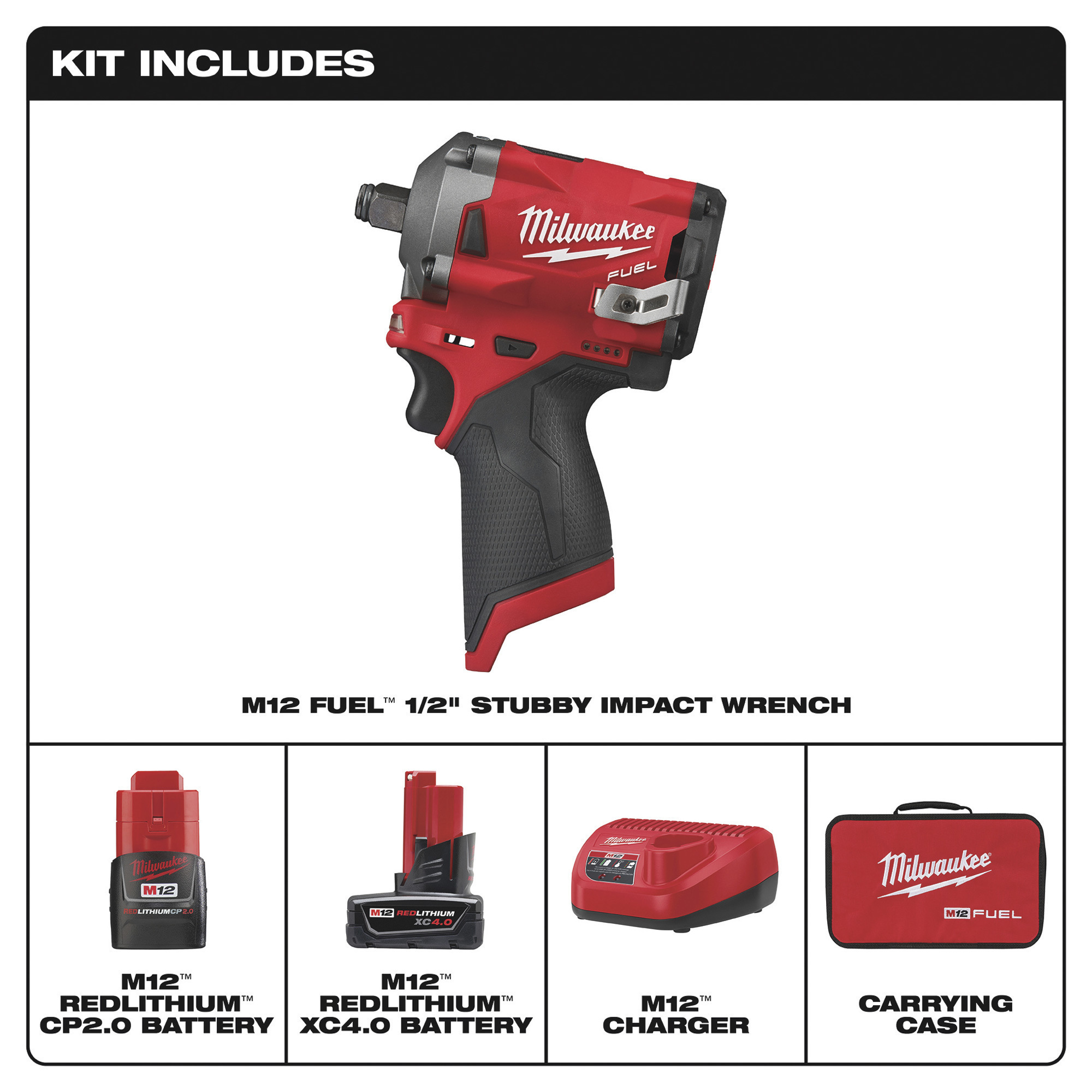 Milwaukee M12 FUEL Cordless Stubby Impact Wrench Kit — 1/2in. Drive, 250  Ft./Lbs. Torque, Batteries, Model# 2555-22 Northern Tool