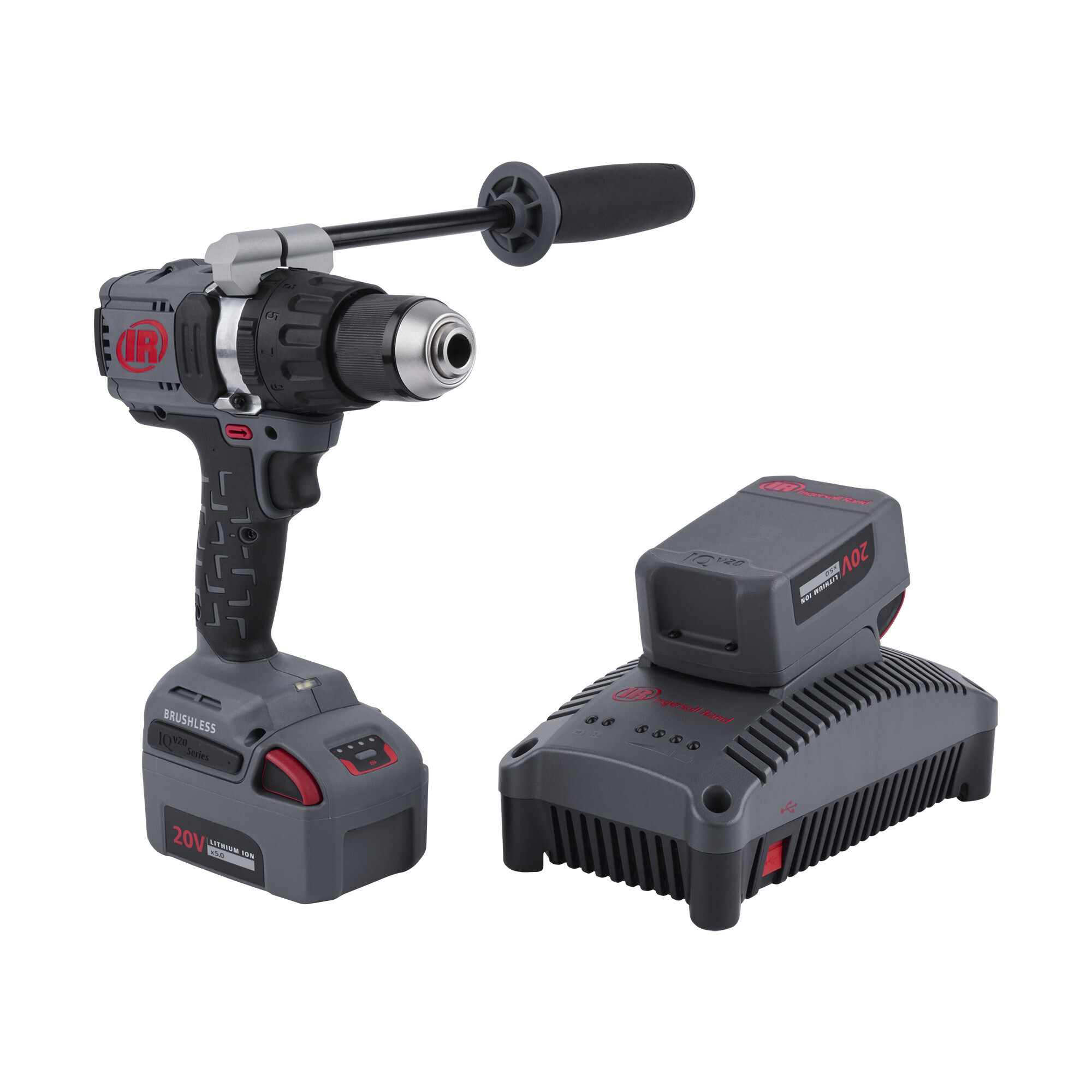 Ingersoll Rand 1/2in Cordless Hammer Drill, 1100 in-lb Torque, Keyless Chuck, Pistol Grip, 24 Position Clutch, LED Light, 2qty 5Ah 20v Lithium Ion IQV Batteries, 20v Fast Charger, D5241-K22