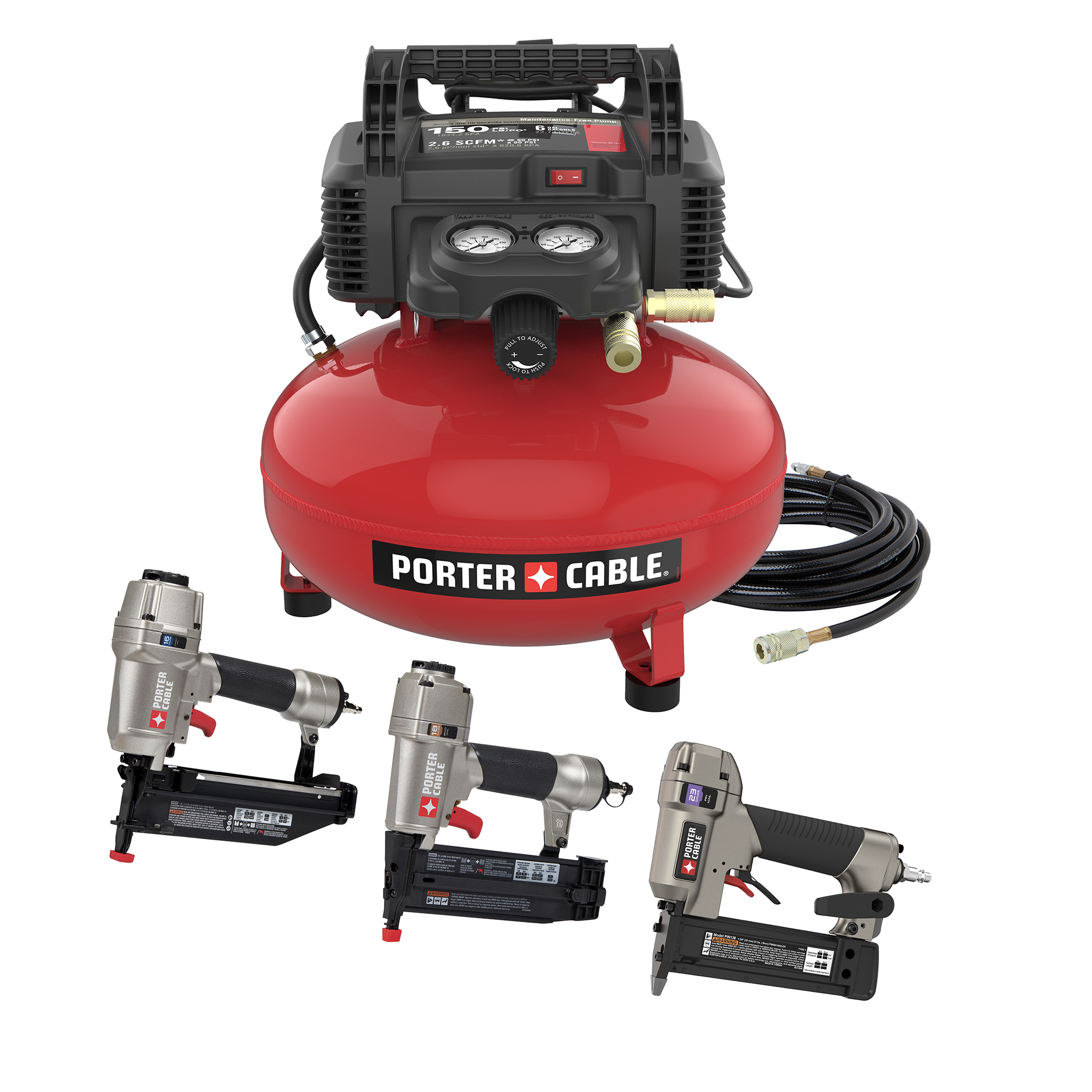 Porter Cable 6 Gallon 150 PSI Pancake Compressor w/ 16-Gauge, 18-Gauge, and 23-Gauge Nailer Combo Kit, Model# PXCM3KIT