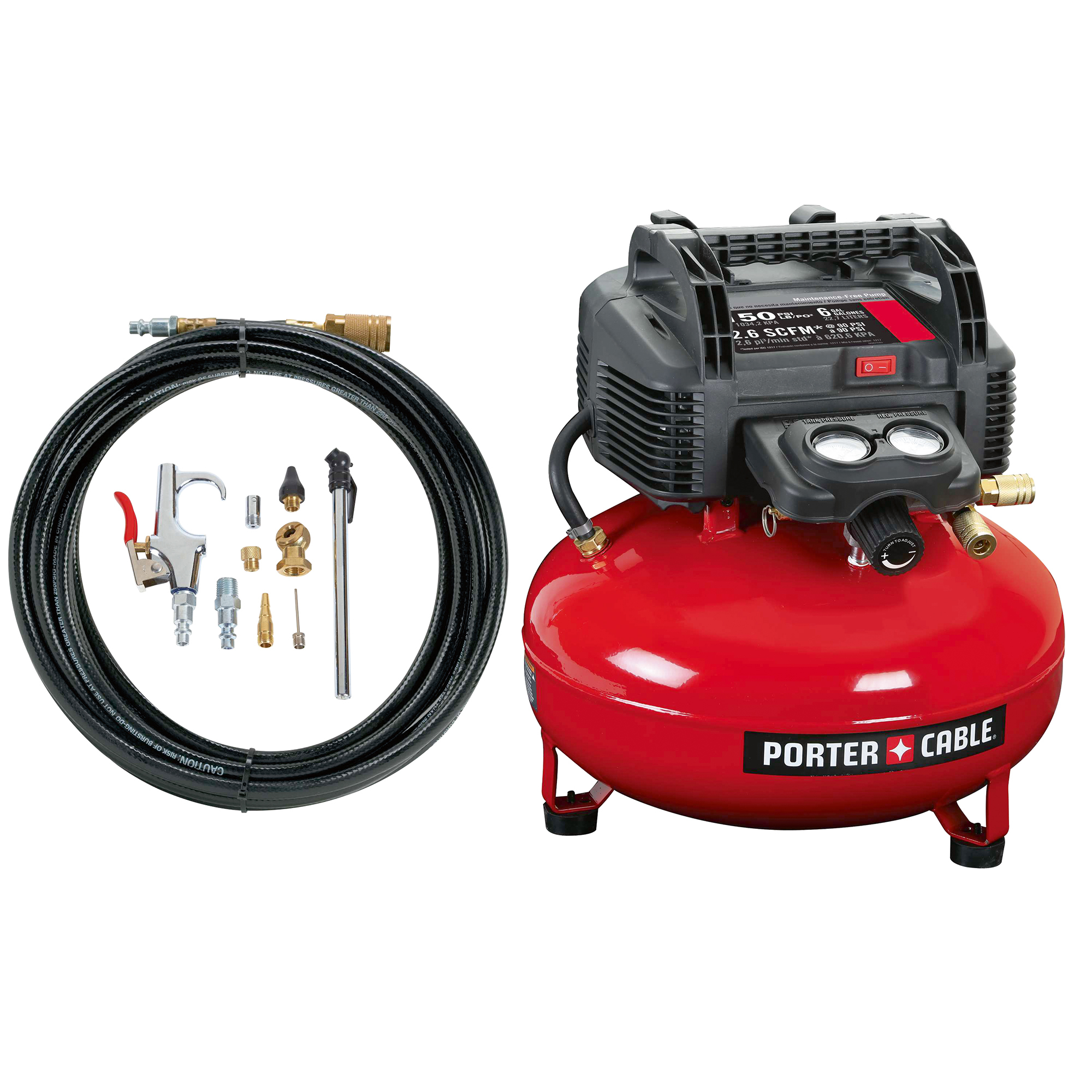 Porter Cable 6 Gallon 150 PSI Pancake Compressor w/Cord Wrap and 13-Piece Starter Kit Combo, Model# PXCM2002-WK