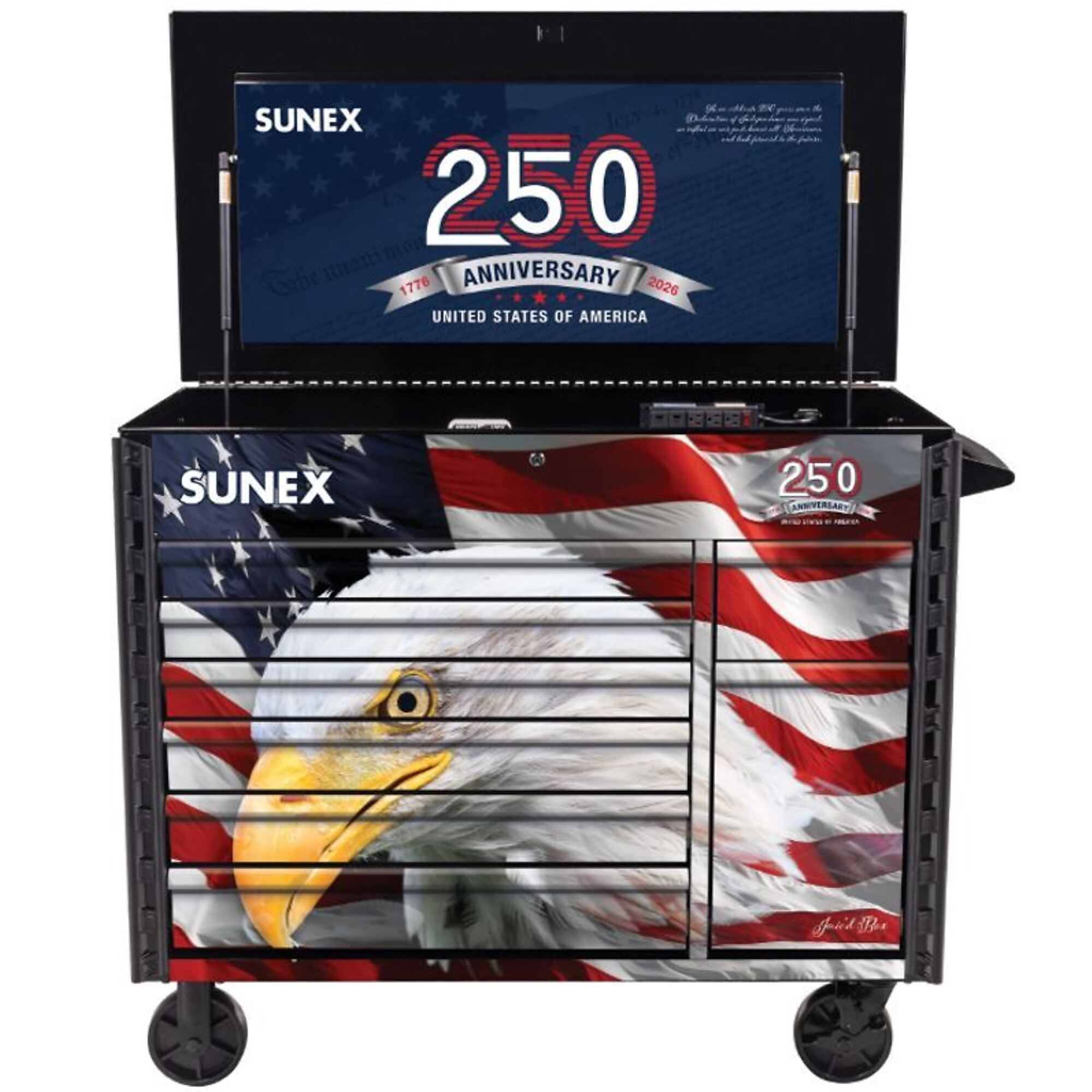 SUNEX TOOLS, Model #8065PCBKUSA - 50" 7 Drawer Power Cart - 250th USA