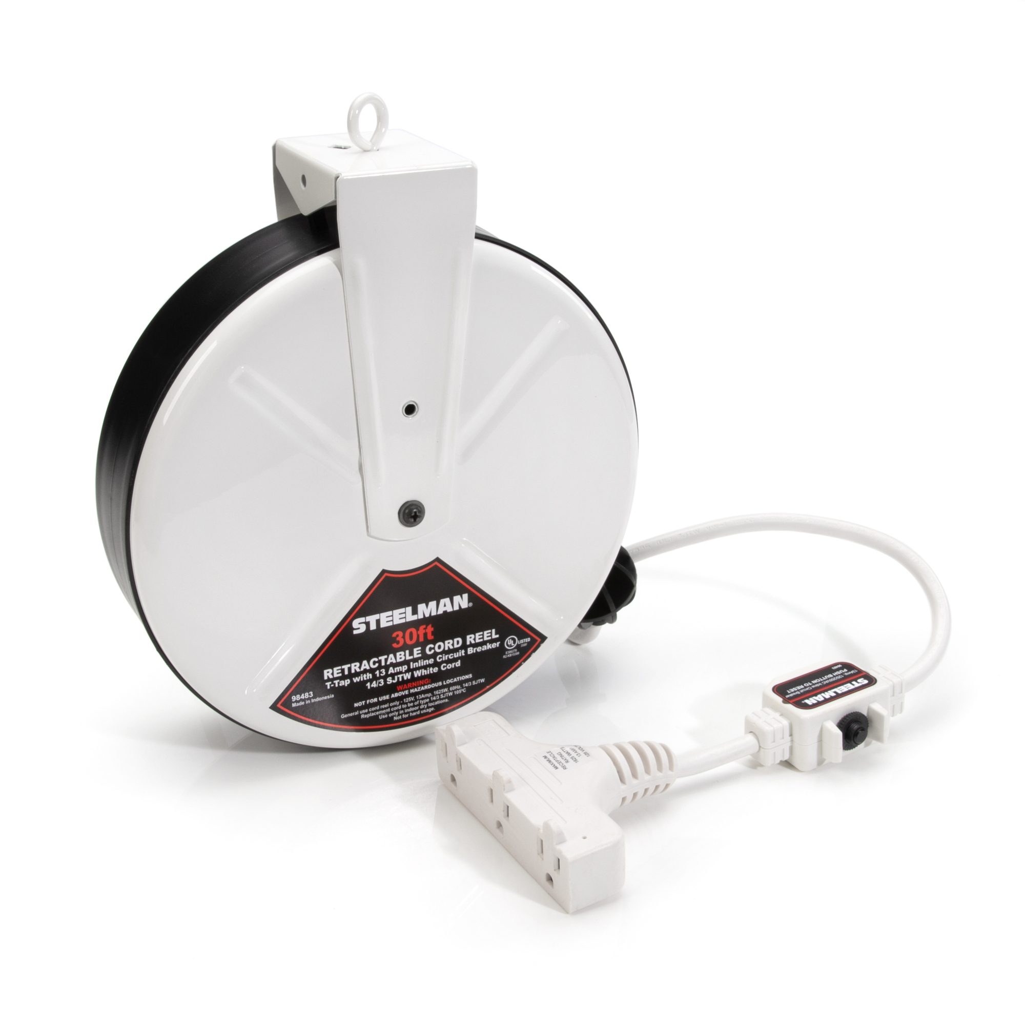 STEELMAN 30-Foot Retractable Cord Reel with Triple Tap and 13A Inline Circuit Breaker, Model# 98483