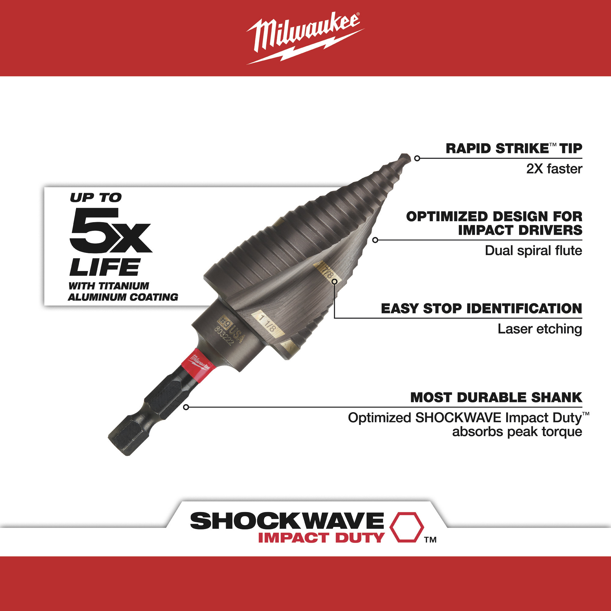 Milwaukee Shockwave Step Drill Bit, #9, 7/8in.-1 1/8in