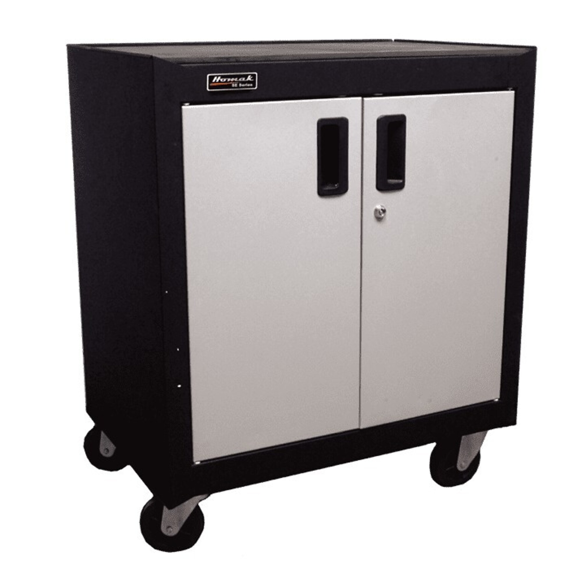 Homak, Garage Series (Geneva), 2 Door Mobile Cabinet W/ Gliding Shelf, Black & Silver, Heavy-duty 21-gauge steel, Model #GS04002270