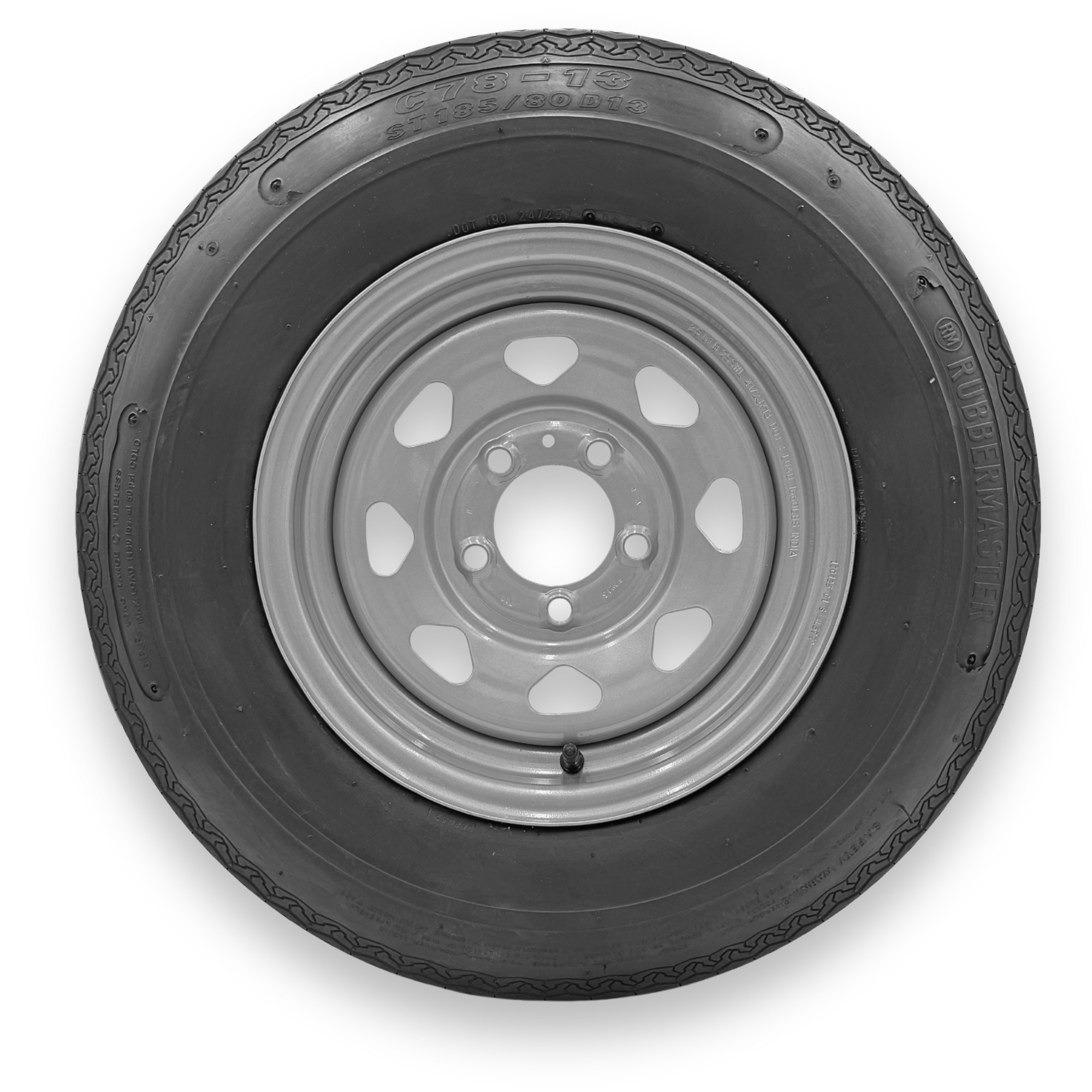 RubberMaster Highway Rib Tire — ST185/80D13, 6 Ply, 5 on 4.5 Bolt, Silver Eight Spoke Wheel, Model# 599209SIL