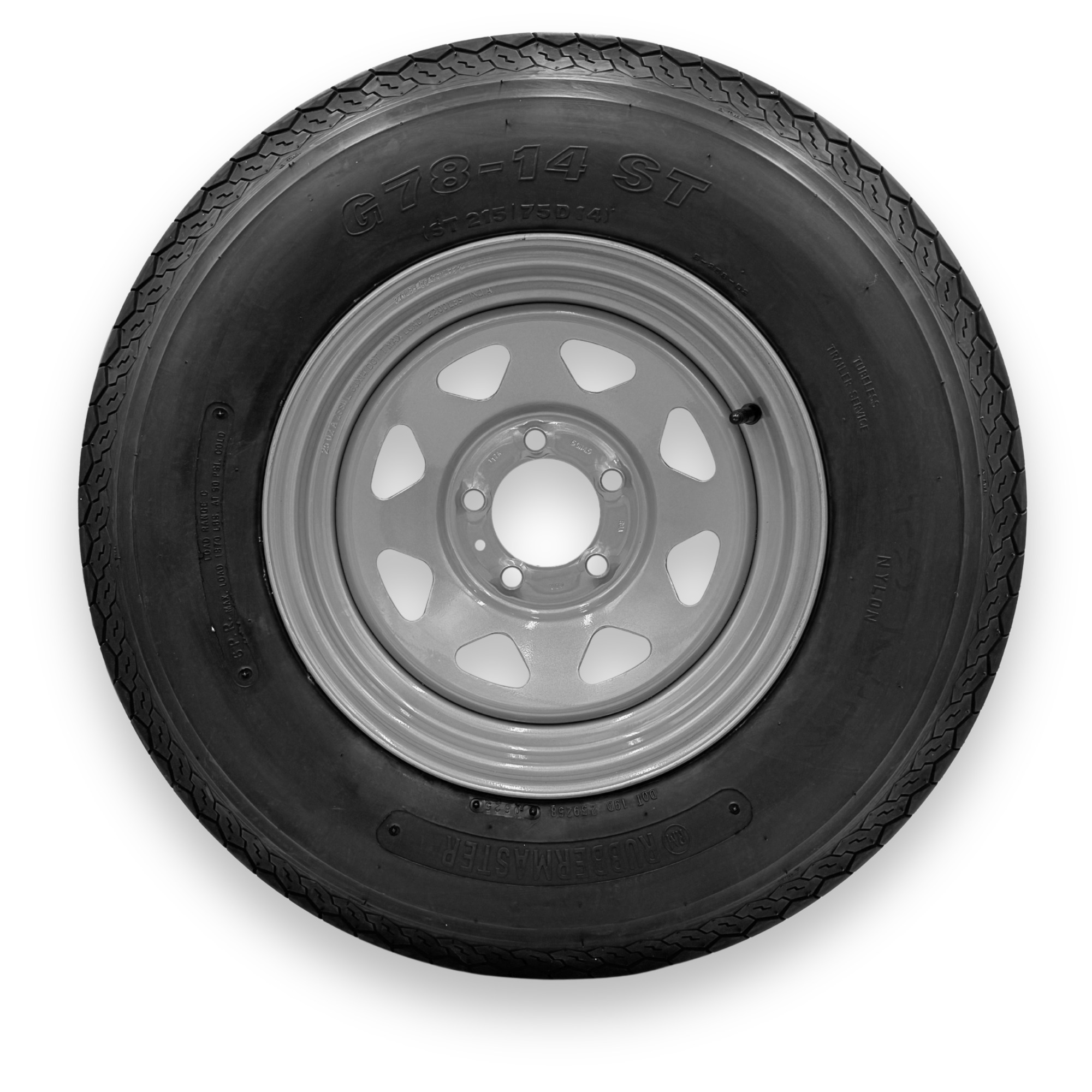 Rubbermaster G78-14 (ST215/75D14) 6 Ply TL Highway Rib Tire on a 5 on 4.5 Bolt Silver Eight Spoke Wheel