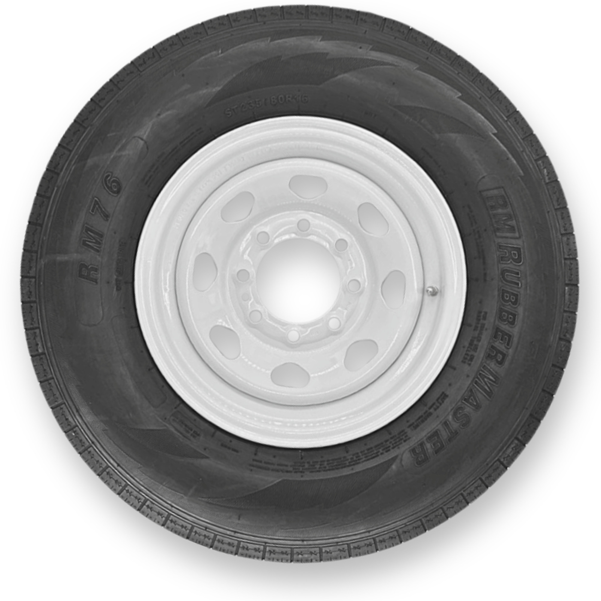 RubberMaster ST235/80R16 12 Ply TL Highway Rib Tire on a 8 on 6.5 Bolt White Eight Spoke Wheel
