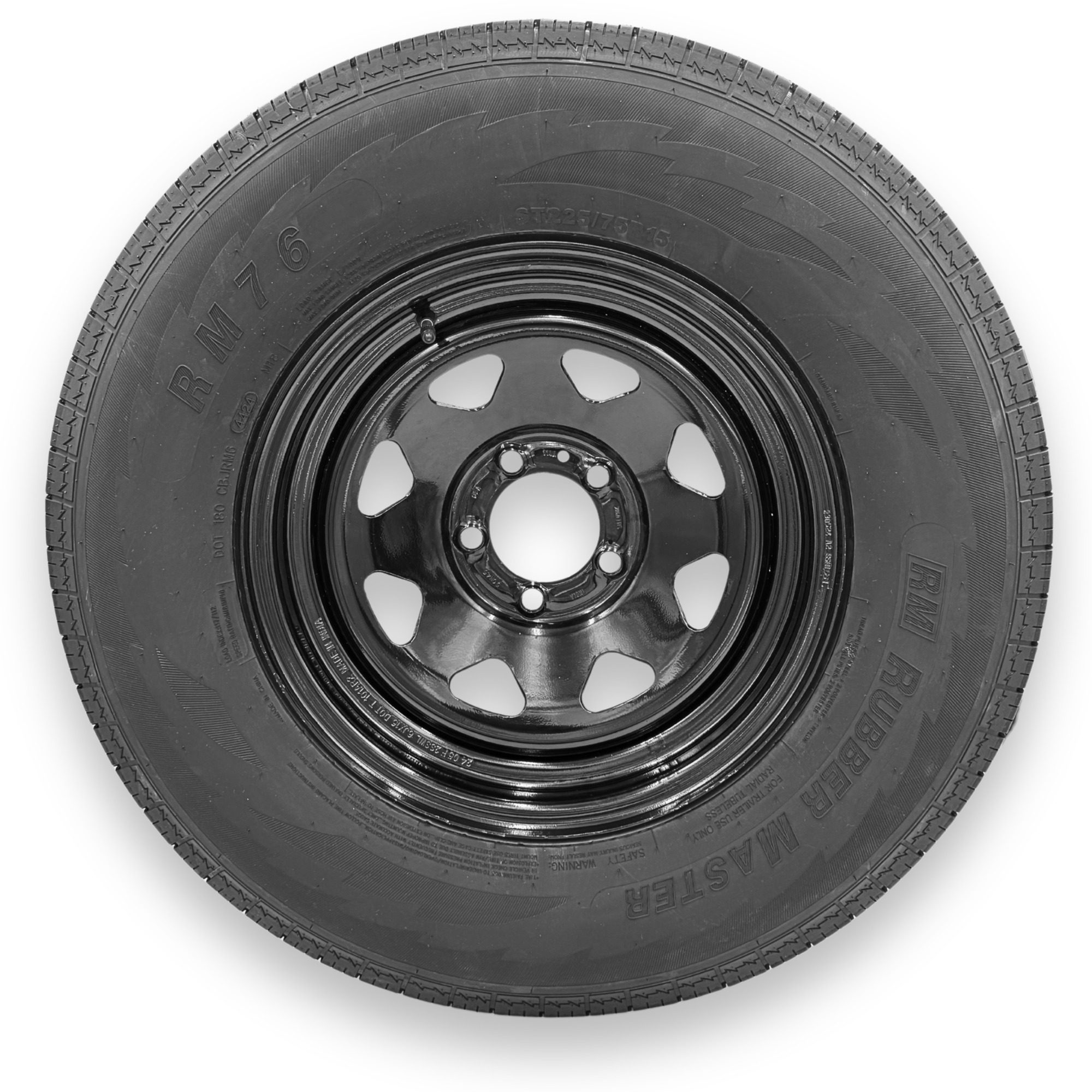 RubberMaster ST225/75R15 10 Ply TL Highway Rib Tire on a 5 on 4.5 Bolt Black Eight Spoke Wheel