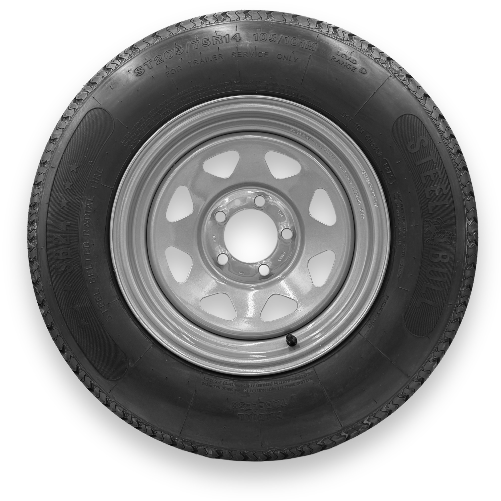 SteelBull ST205/75R14 8 Ply TL Highway Rib Tire on a 5 on 4.5 Bolt Silver Eight Spoke Wheel