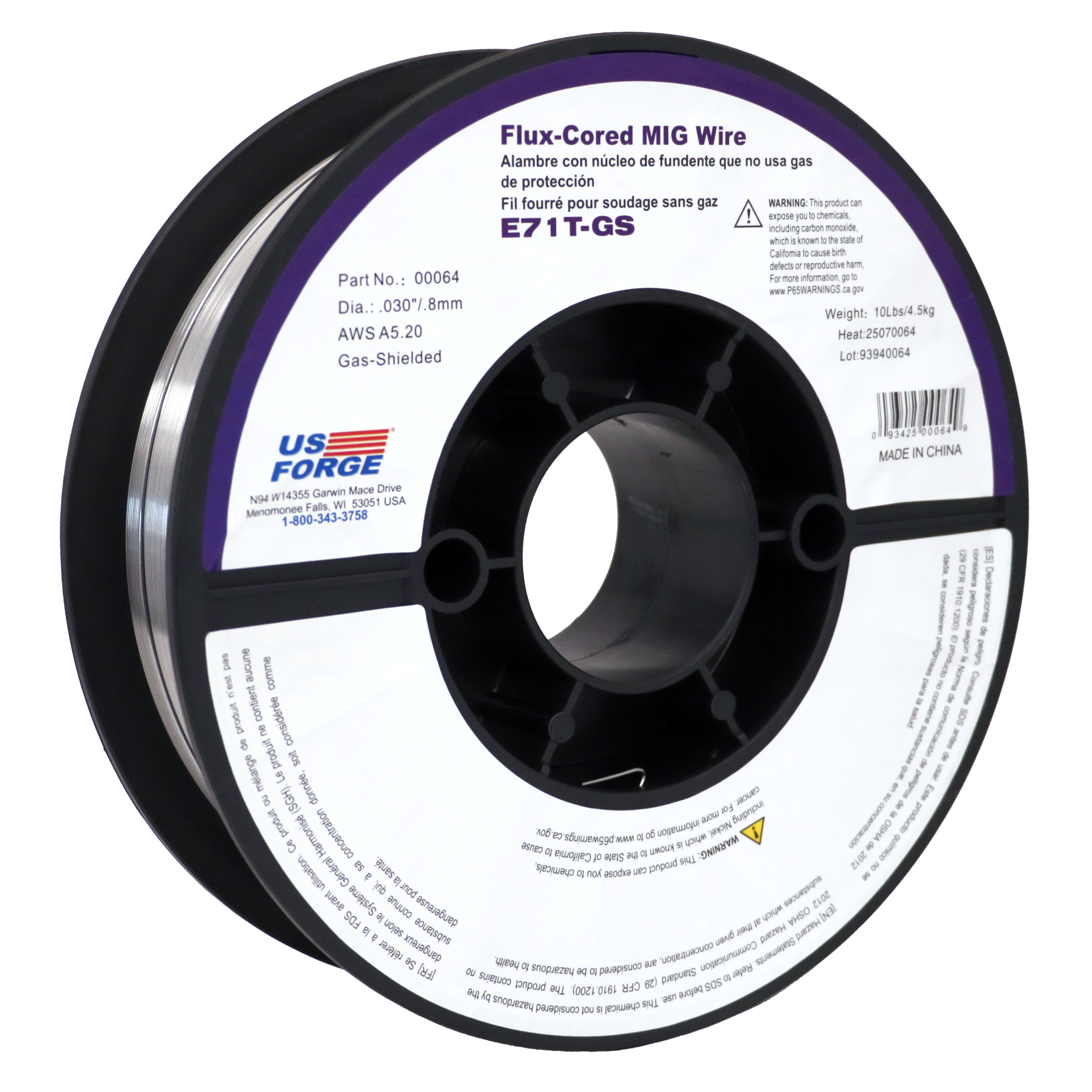 US Forge® .030" E71T-GS Flux-Cored Mild Steel Wire - 10 lbs, Model# 64