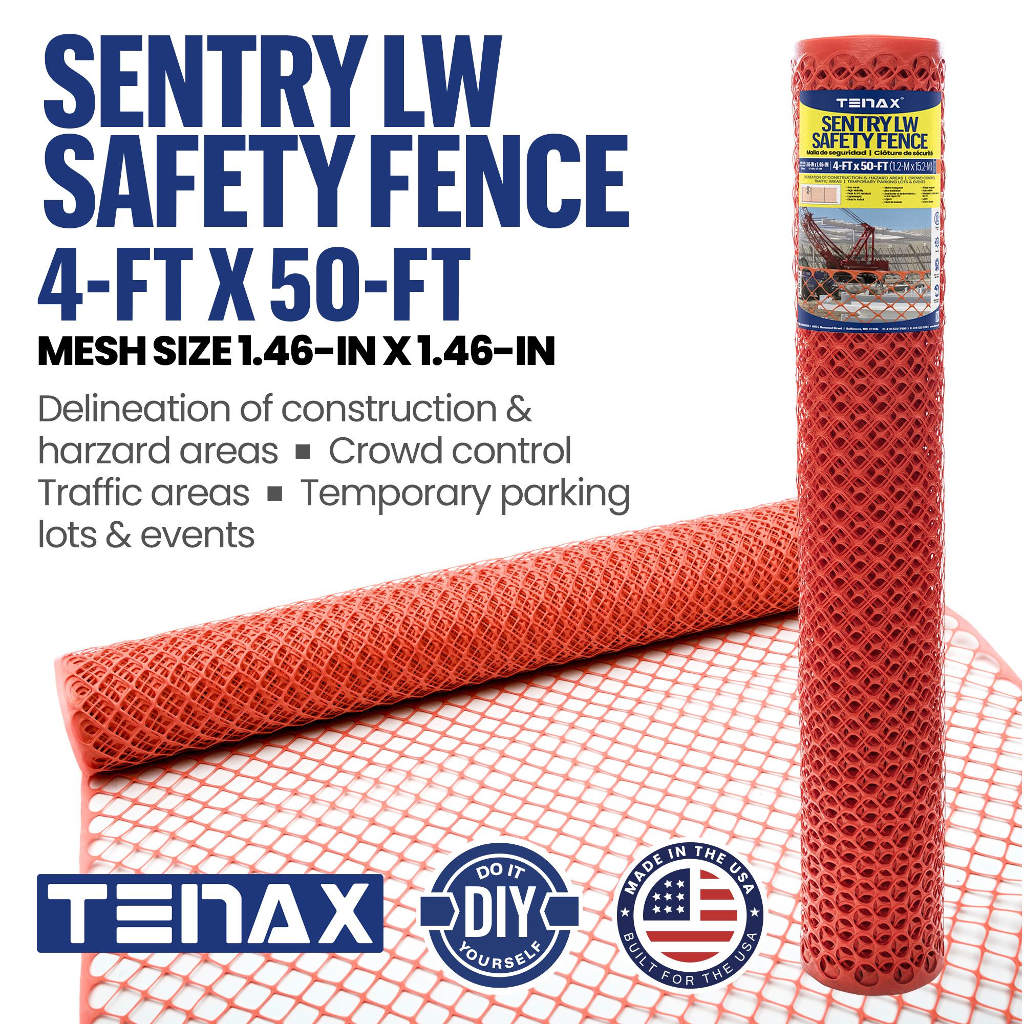Tenax Sentry Light Weight Diamond Safety Fence — 4ft. x 50ft., Orange, HDPE, Model# 2A170096