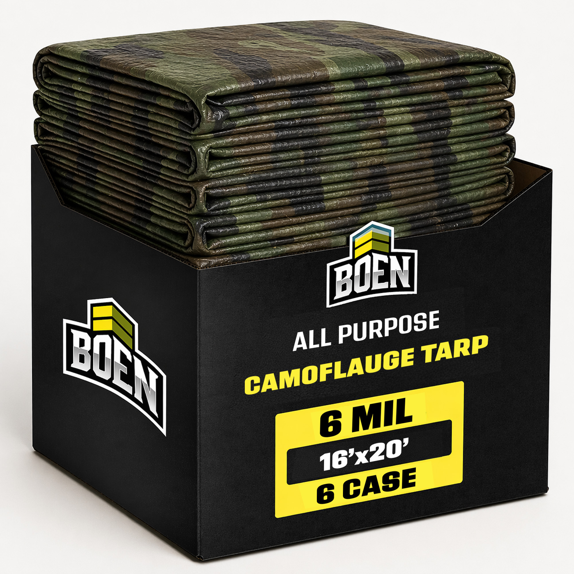 Boen 16 ft x 20 ft Camo Tarp, 6-Pack, 6 Mil Thick Multi-Purpose Large Waterproof Cover, Rip Proof Tarps, Thick Weave Material, UV Resistant Great for Tarpaulin Canopy Tent, Boat, RV or Pool Cover