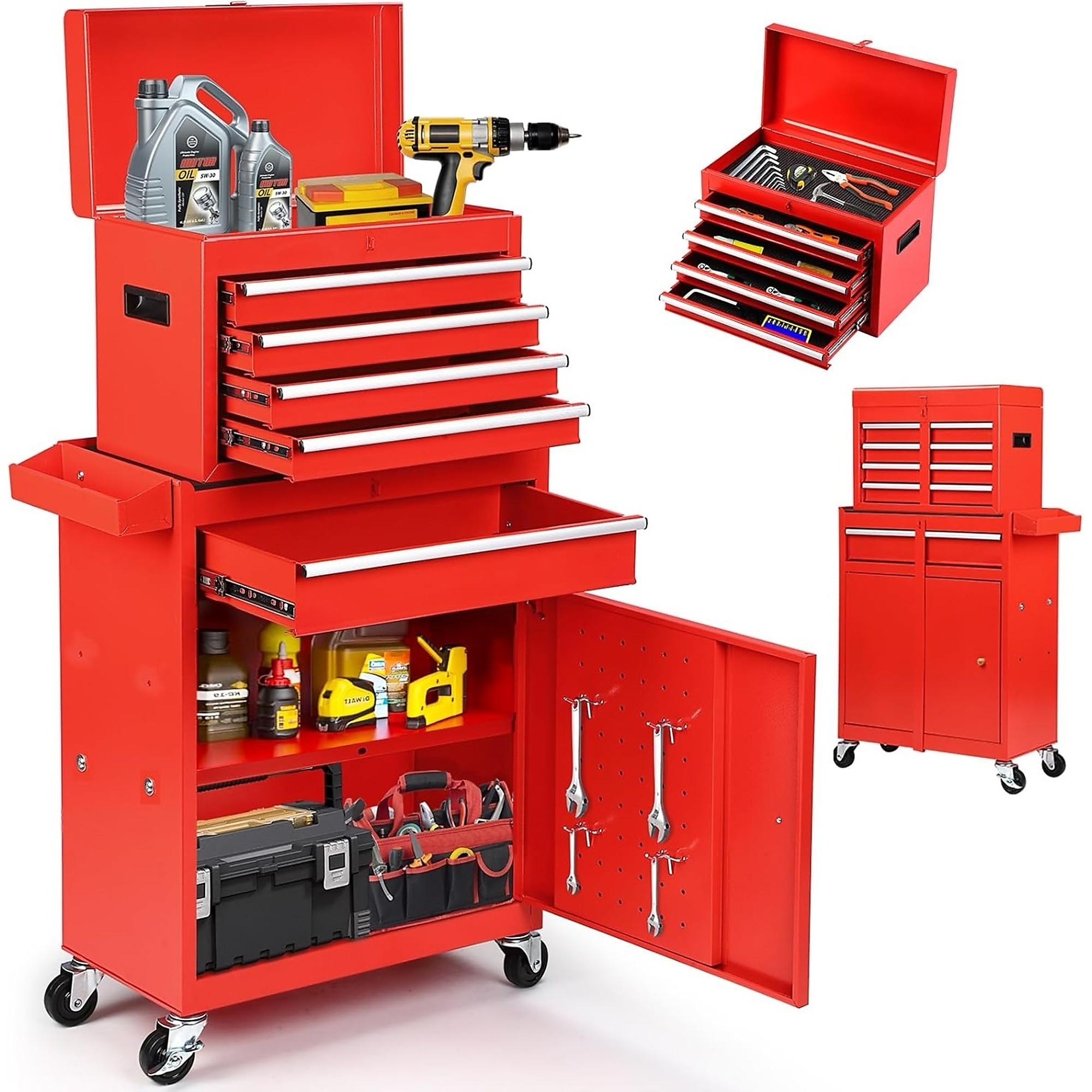 5-Drawer Rolling Tool Chest Combo with Wheels&Handle, Detachable Storage Cabinet, Double Locking System
