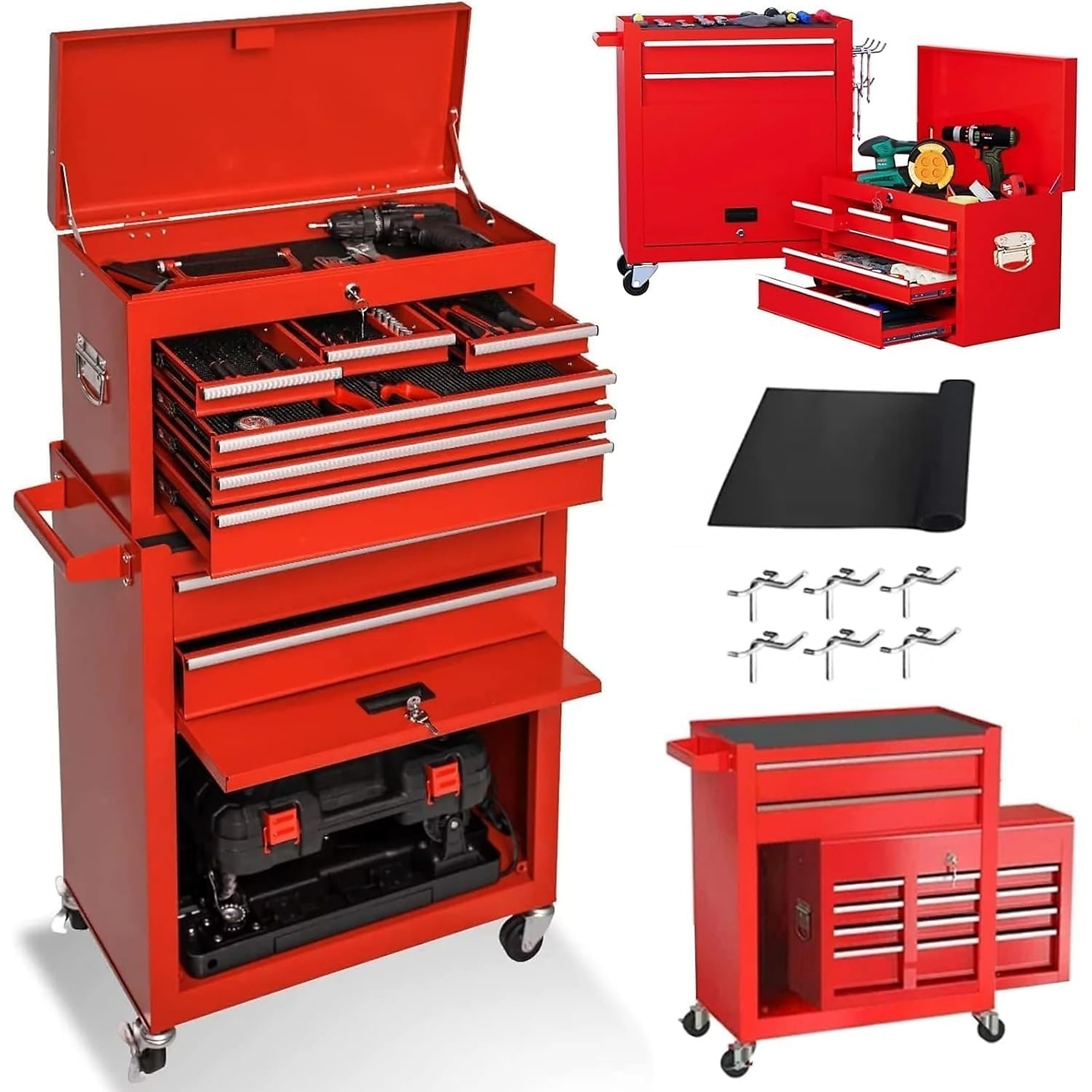 8-Drawer Rolling Tool Chest Combo with Wheels&Handle, 6 Hanging Hooks, Double Locking System