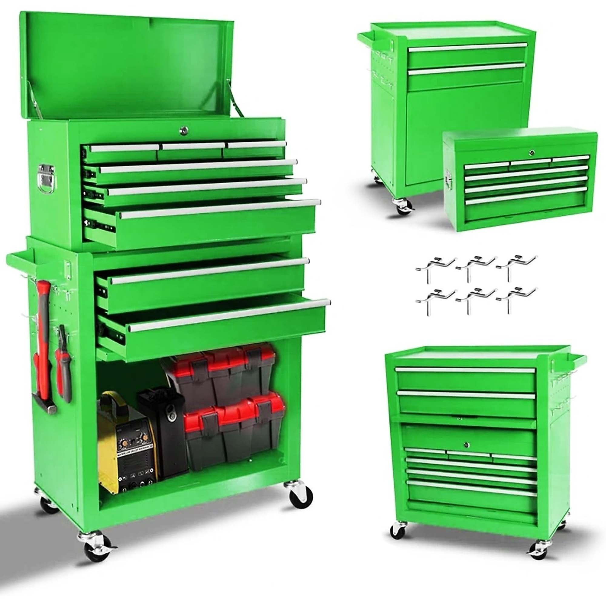 8-Drawer Rolling Tool Chest Combo with Wheels&Handle, 6 Hanging Hooks, Double Locking System