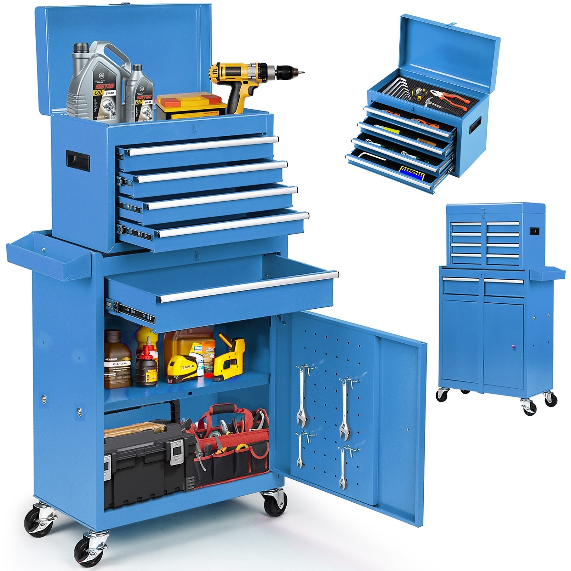 5-Drawer Rolling Tool Chest Combo with Wheels&Handle, Detachable Storage Cabinet, Double Locking System