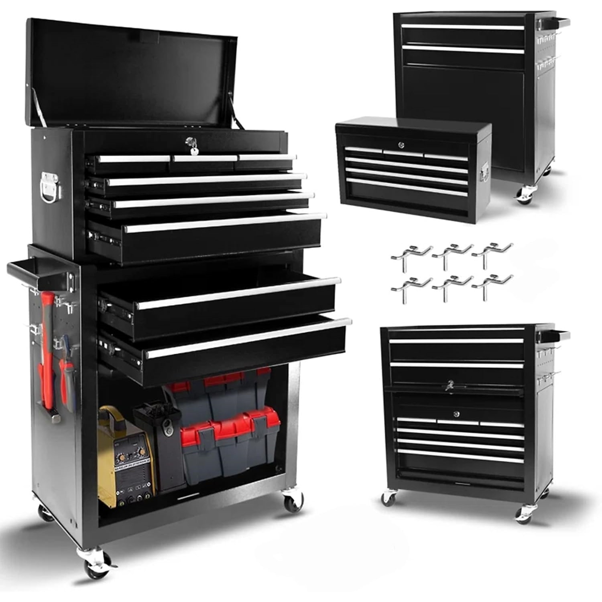 8-Drawer Rolling Tool Chest Combo with Wheels&Handle, 6 Hanging Hooks, Double Locking System