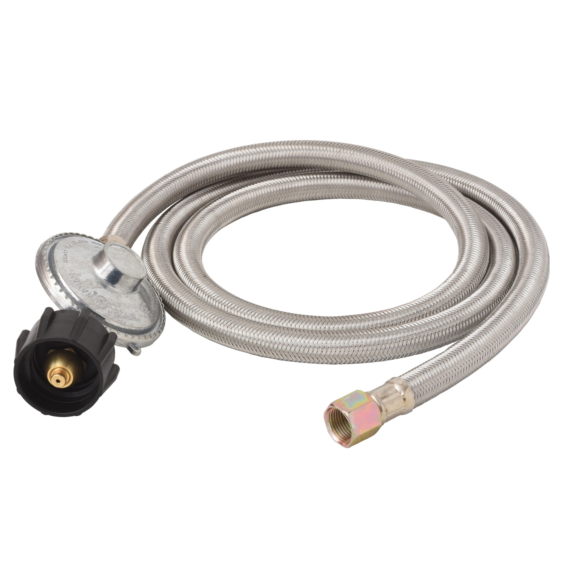 Flame King, 5 ft qcc to 3/8” female flare nut w/regulator-steel braided hose, SS-QCC-3/8