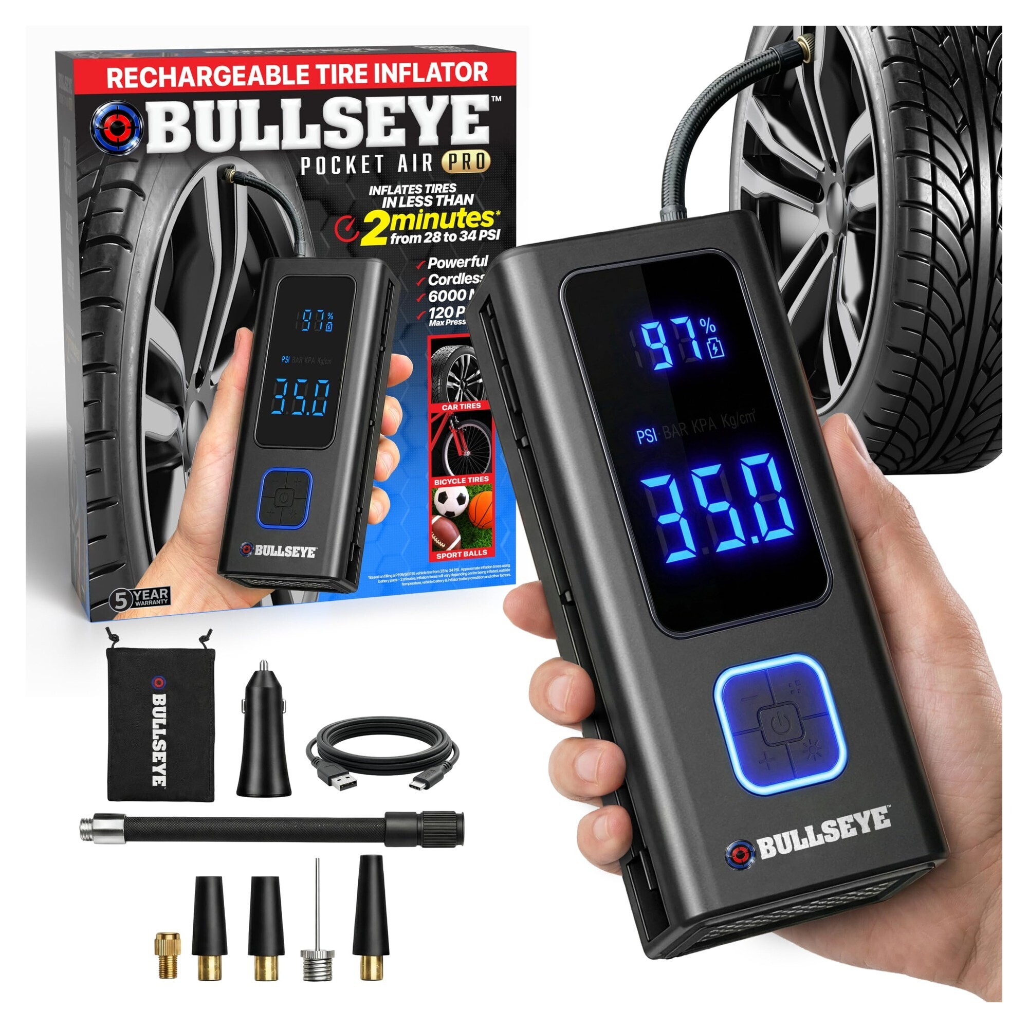 POCKET AIR PRO Tire Inflator Portable Air Compressor by Bullseye Pro for Tires- Balls- Bike with Persta Valve- Auto Shut Off- Inflates in 2 Min- Cordless Rechargeable 6000MAH- 150 PSI- SoS Light