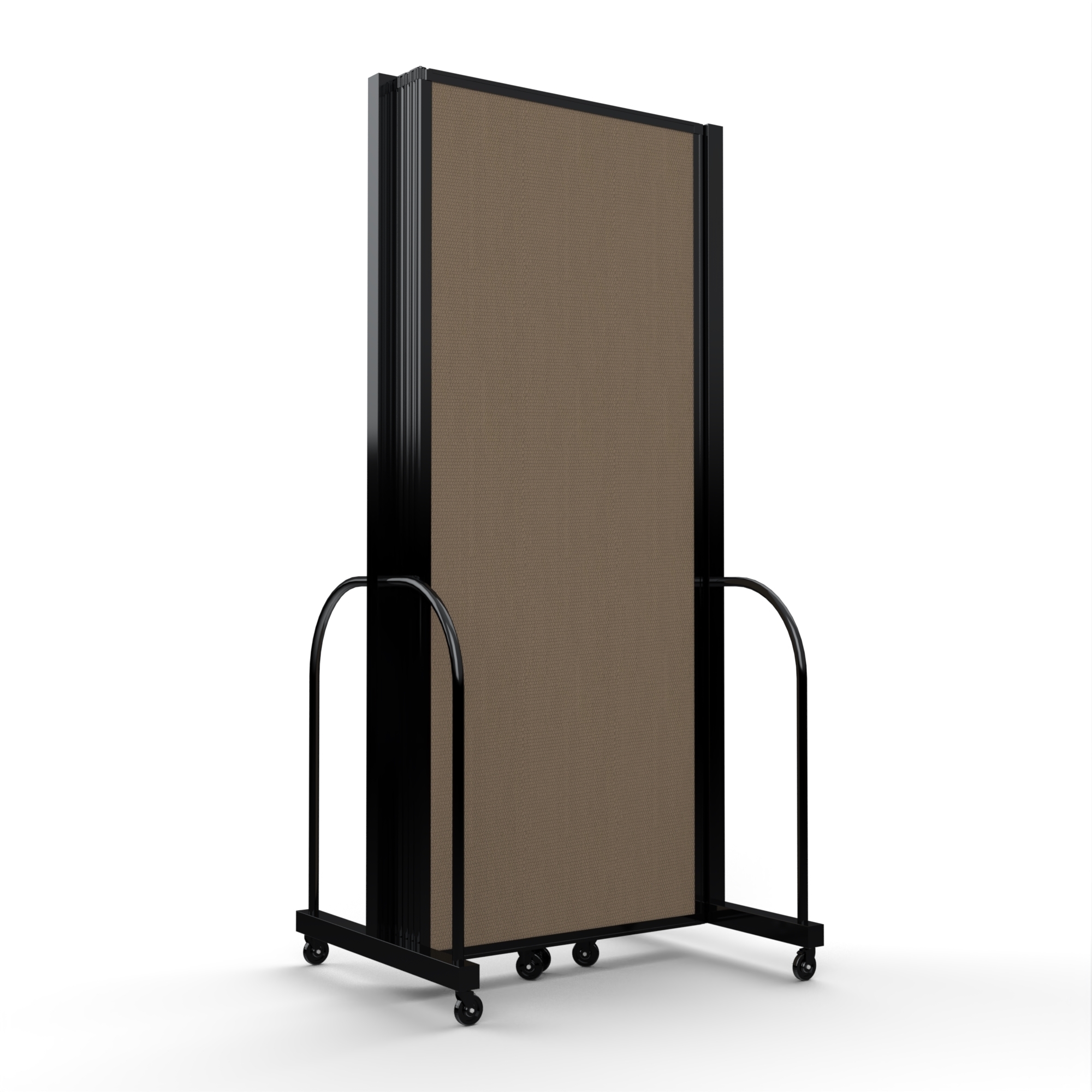 Single full motion divider panel with black frame and brown fabric.
