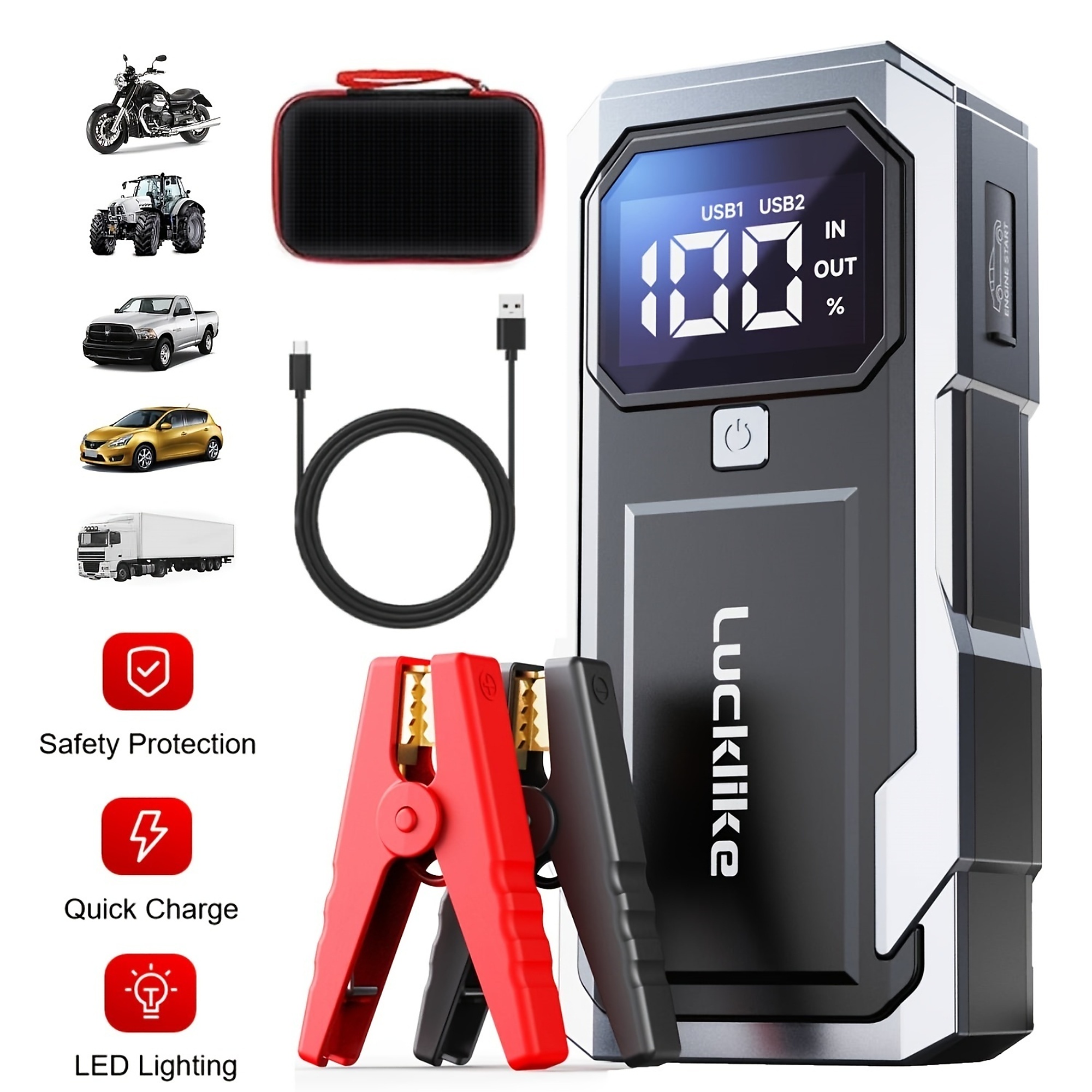 Portable 5000A Car Battery Jump Starter - 12V Car Battery Charger And High-Capacity Power Bank