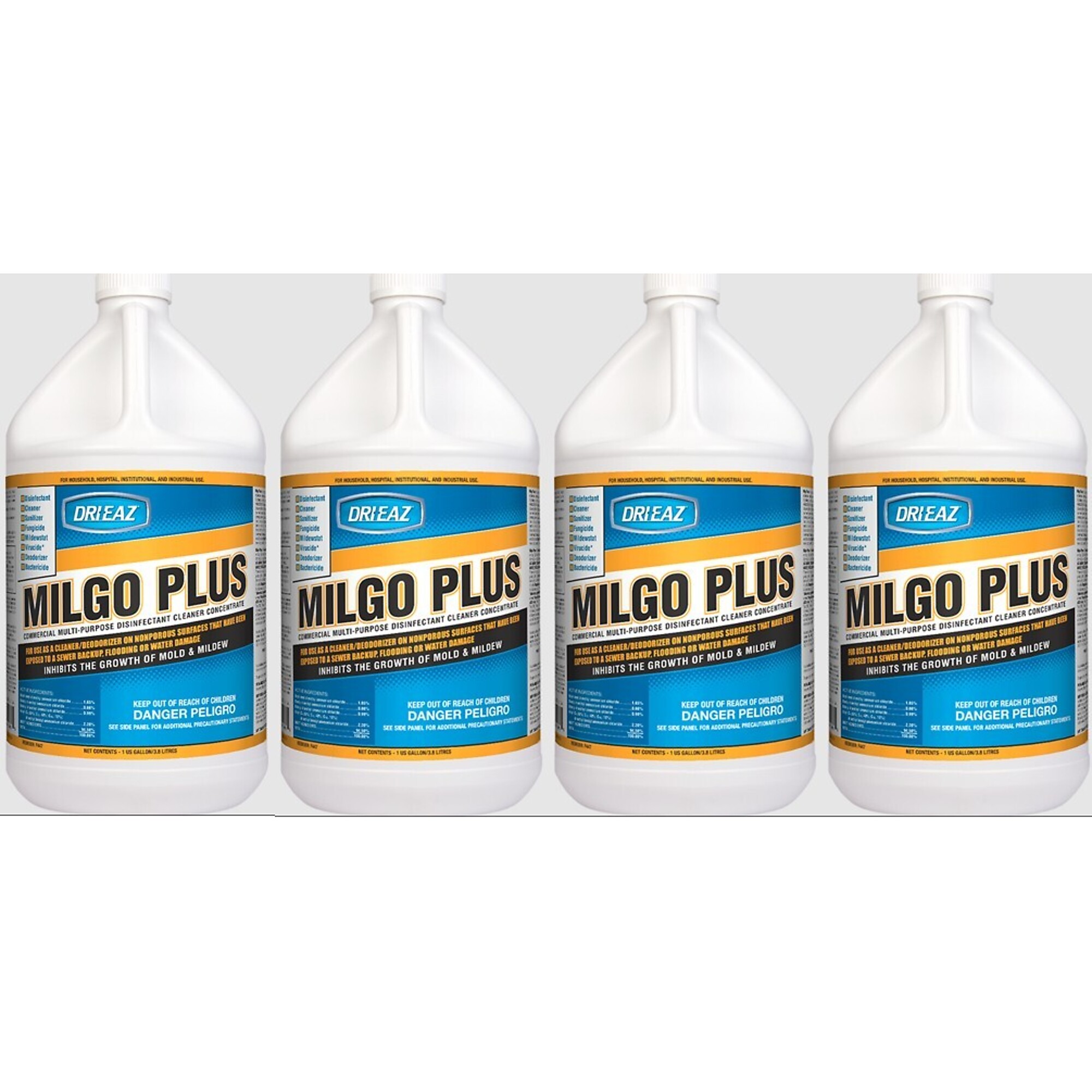 DRI-EAZ, MILGO PLUS Quaternary Germicidal Cleaner Four 1 gal. / 3.8 L bottles, Model 109285.