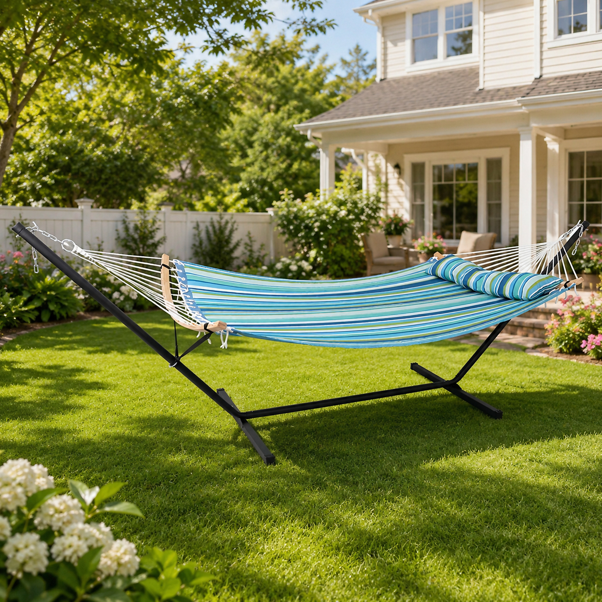 GearXpert Blue/Green 55" x 78.7" Large Double Hammock with 12' Stand