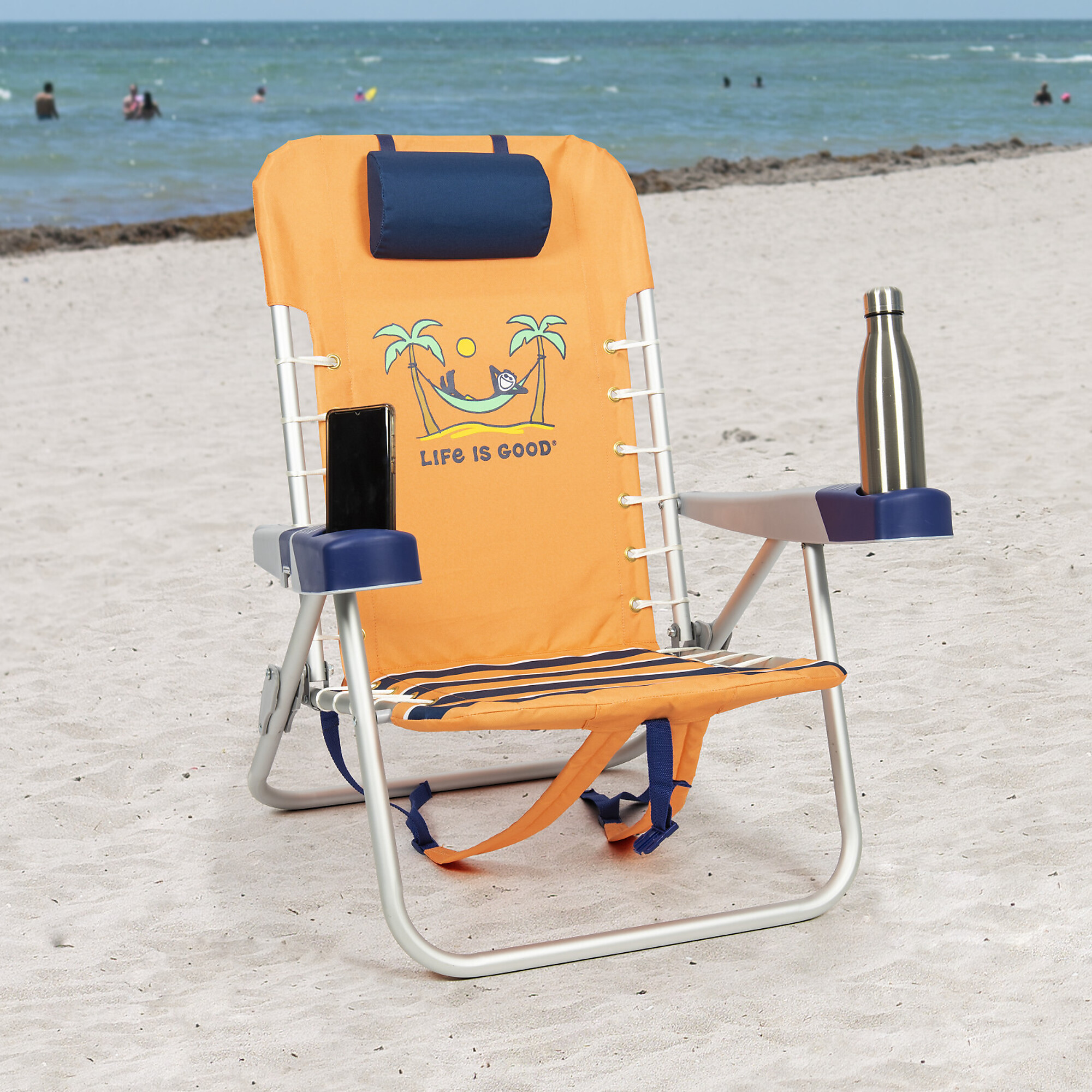 SC523LG-163BS141-1 Life Is Good 4-Position Backpack Pillow And Cup Holder Beach Chair, Canyon Orange